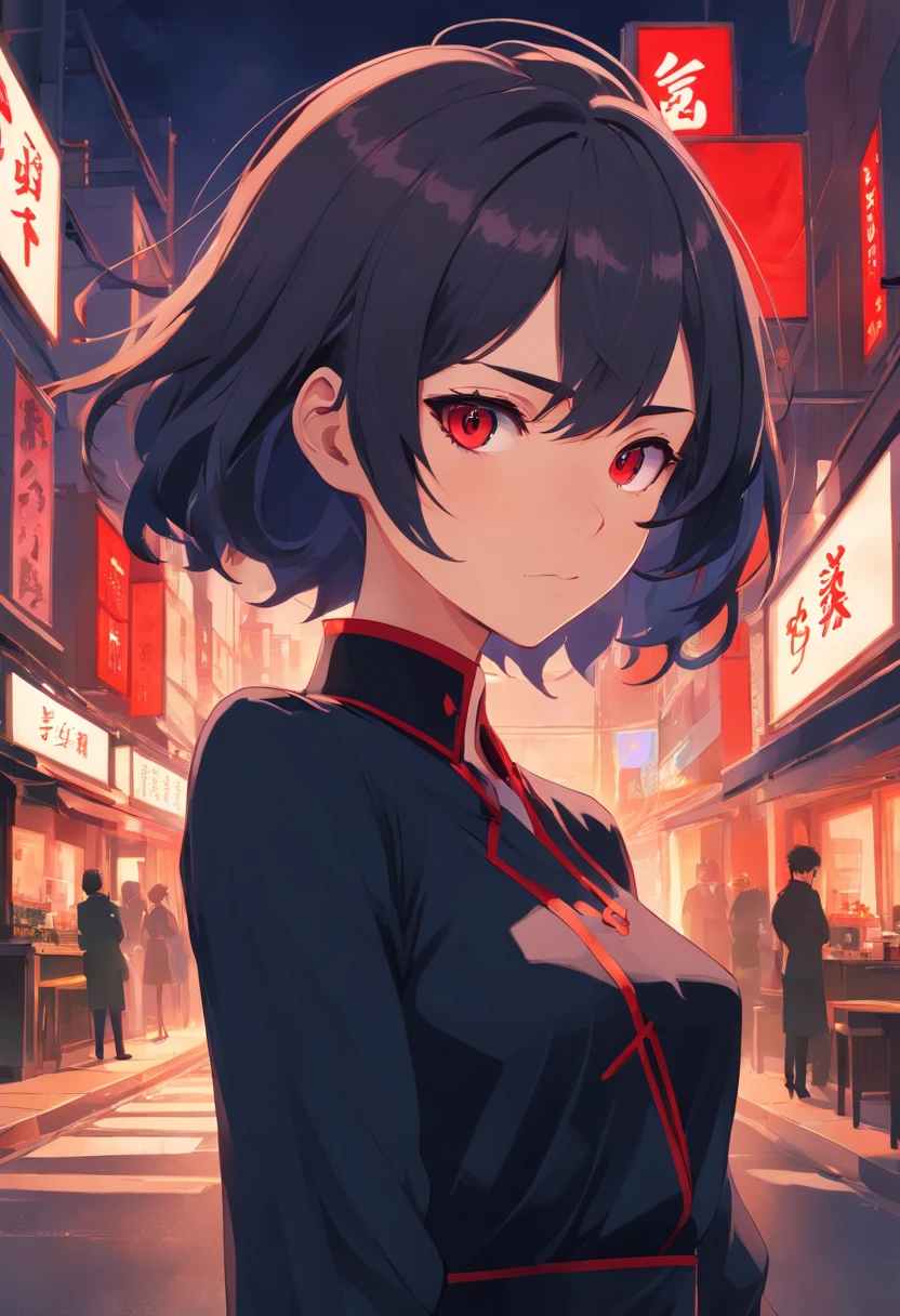 An amazing portrait of Ryuko Mai, The heroine in an elegant black dress. His eyes were intensely red, Exudes an aura of mystery. His facial expression combines determination and mystery. The landscape around her is a dark mystery, Deep shadows hide subtle details. The setting is a mix of dark alleys and luxurious rooms，With bold design elements. The mood is tense and intriguing, Ask the audience to question the behind-the-scenes story. The atmosphere is filled with undisclosed secrecy and a sense of urgency. Stylization is the fusion of artistic styles "Persona 5" and original elements. The illustration will be created digitally, Use brushes and textures to highlight the contrast between light and shadow. --AR 16:9 --V 5