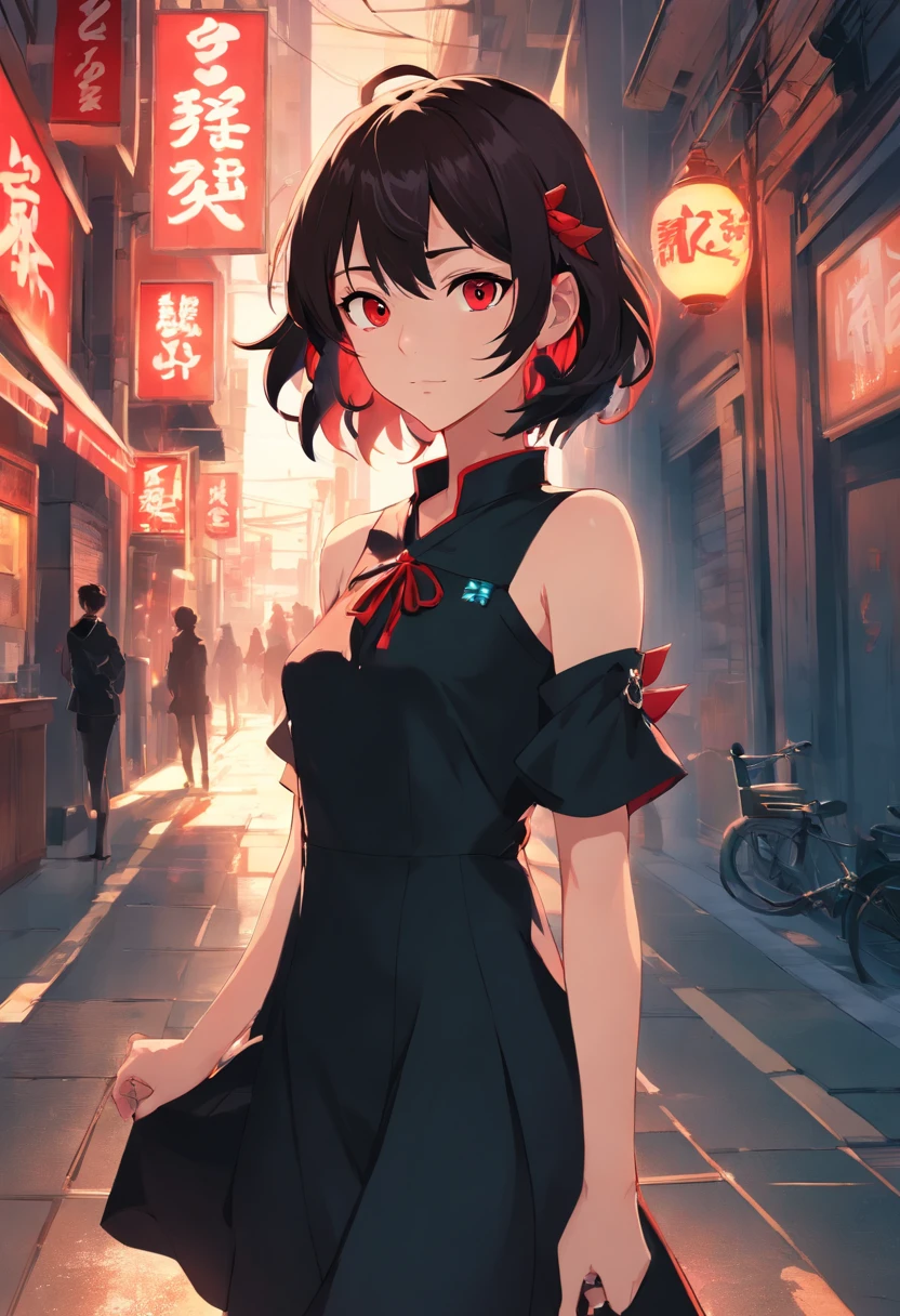 An amazing portrait of Ryuko Mai, The heroine in an elegant black dress. His eyes were intensely red, Exudes an aura of mystery. His facial expression combines determination and mystery. The landscape around her is a dark mystery, Deep shadows hide subtle details. The setting is a mix of dark alleys and luxurious rooms，With bold design elements. The mood is tense and intriguing, Ask the audience to question the behind-the-scenes story. The atmosphere is filled with undisclosed secrecy and a sense of urgency. Stylization is the fusion of artistic styles "Persona 5" and original elements. The illustration will be created digitally, Use brushes and textures to highlight the contrast between light and shadow. --AR 16:9 --V 5