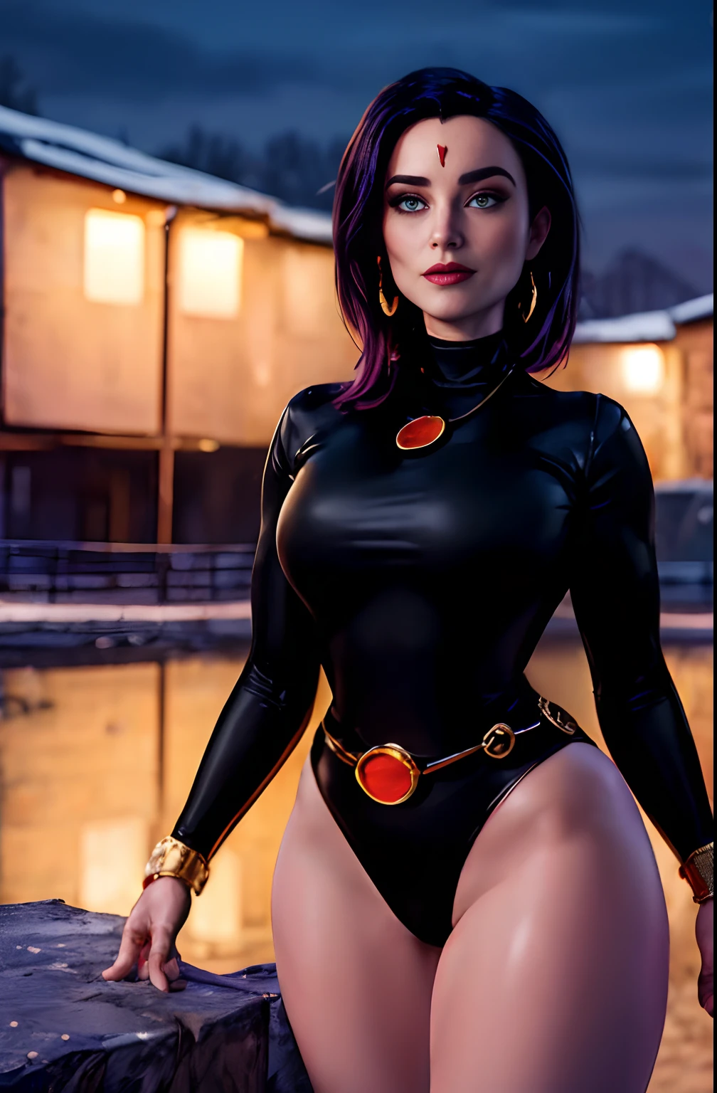 cowboy shot of  helenparr as rvn, hotraven, beautiful face, detailed face, pale skin, black leotard, turtleneck, outrageously sexy, sexy legs, wide hips, gold belt, jewels, medallion, athletic, looking at viewer, night, dark landscape,  best quality, masterpiece, intricate details, sharp focus, hyper detailed, realistic