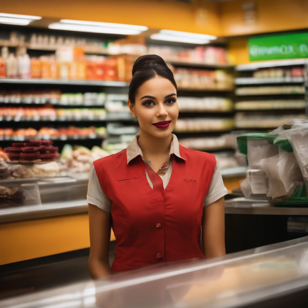 A young woman, clad in a crisp cashier’s uniform, stands poised behind the counter of a bustling store. The shelves behind her are laden with an array of products, creating a colorful backdrop
