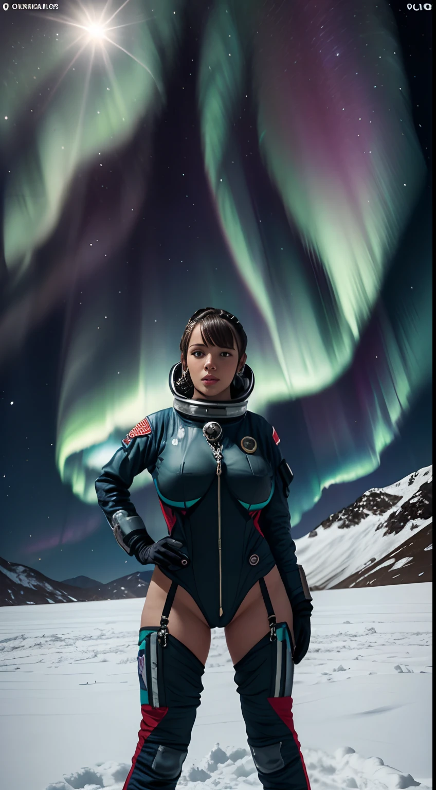 The top half of the screen is Aurora in the top half of the screen. The bottom half draws a female bimbo astronaut standing on snow field. giga_busty