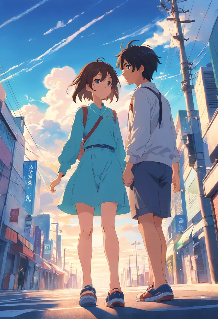 Couples who haven't seen each other for years meet on the street,The style is similar to Makoto Shinkai's《Your name》Memories flood into your head,His face was filled with emotions he hadn't seen in years。。。。,Take the letter literally,Exquisite facial features,delicated face,with blue sky and white clouds