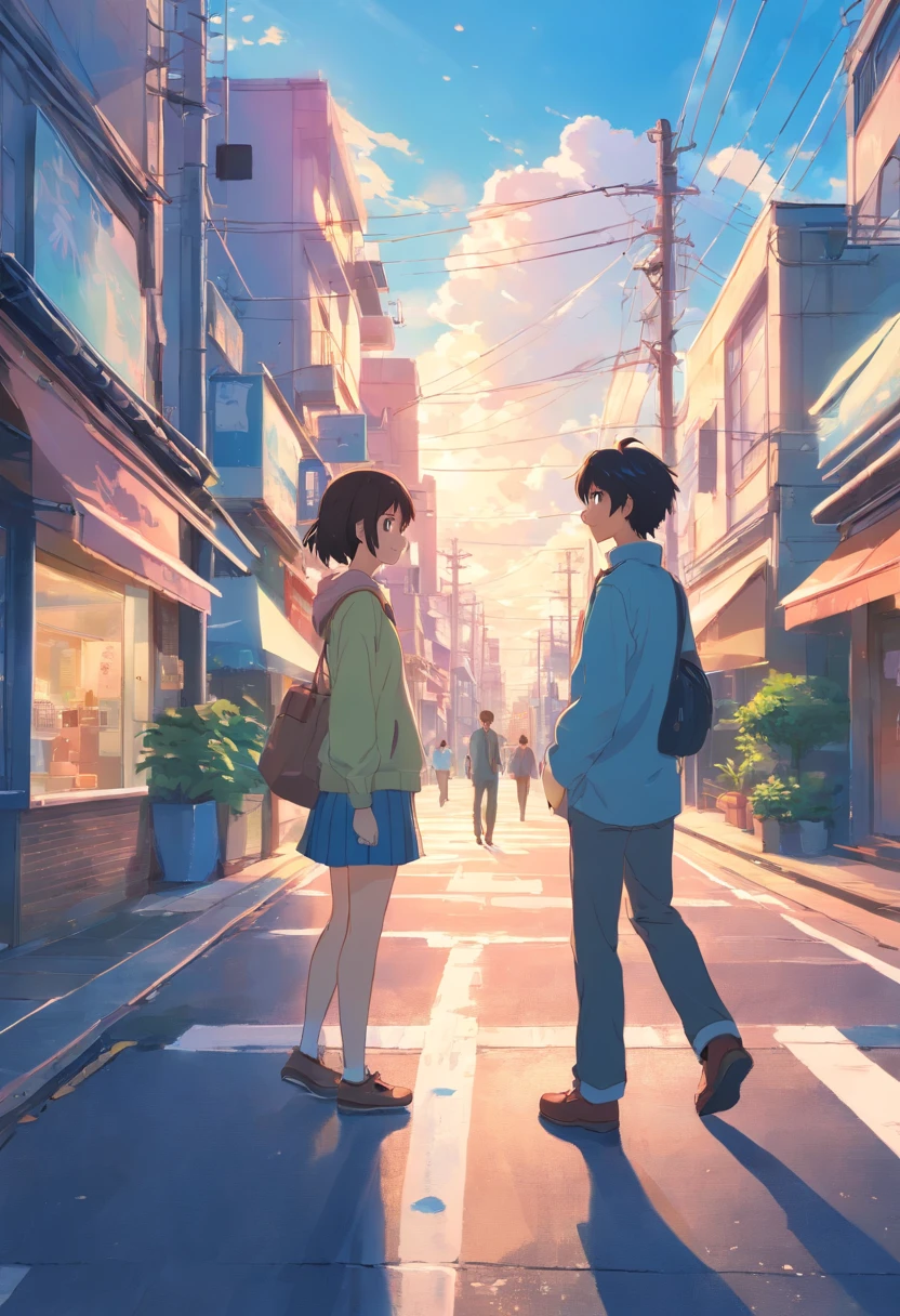 Couples who haven't seen each other for years meet on the street，The style is similar to Makoto Shinkai's《Your name》Memories flood into your head，His face was filled with emotions he hadn't seen in years。。。。，Take the letter literally，Exquisite facial features，delicated face，with blue sky and white clouds