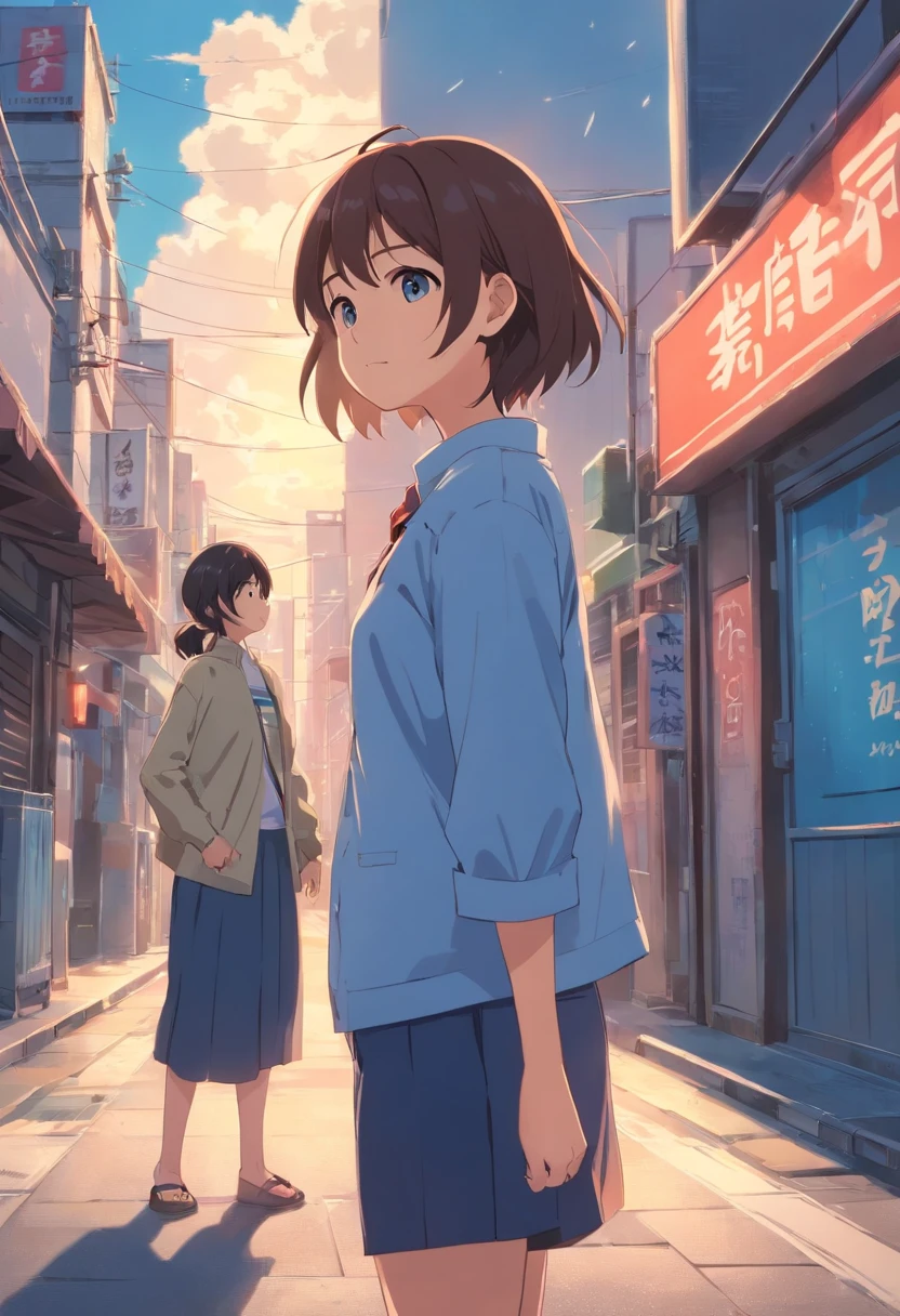 Couples who haven't seen each other for years meet on the street,The style is similar to Makoto Shinkai's《Your name》Memories flood into your head,His face was filled with emotions he hadn't seen in years。。。。,Take the letter literally,Exquisite facial features,delicated face,with blue sky and white clouds