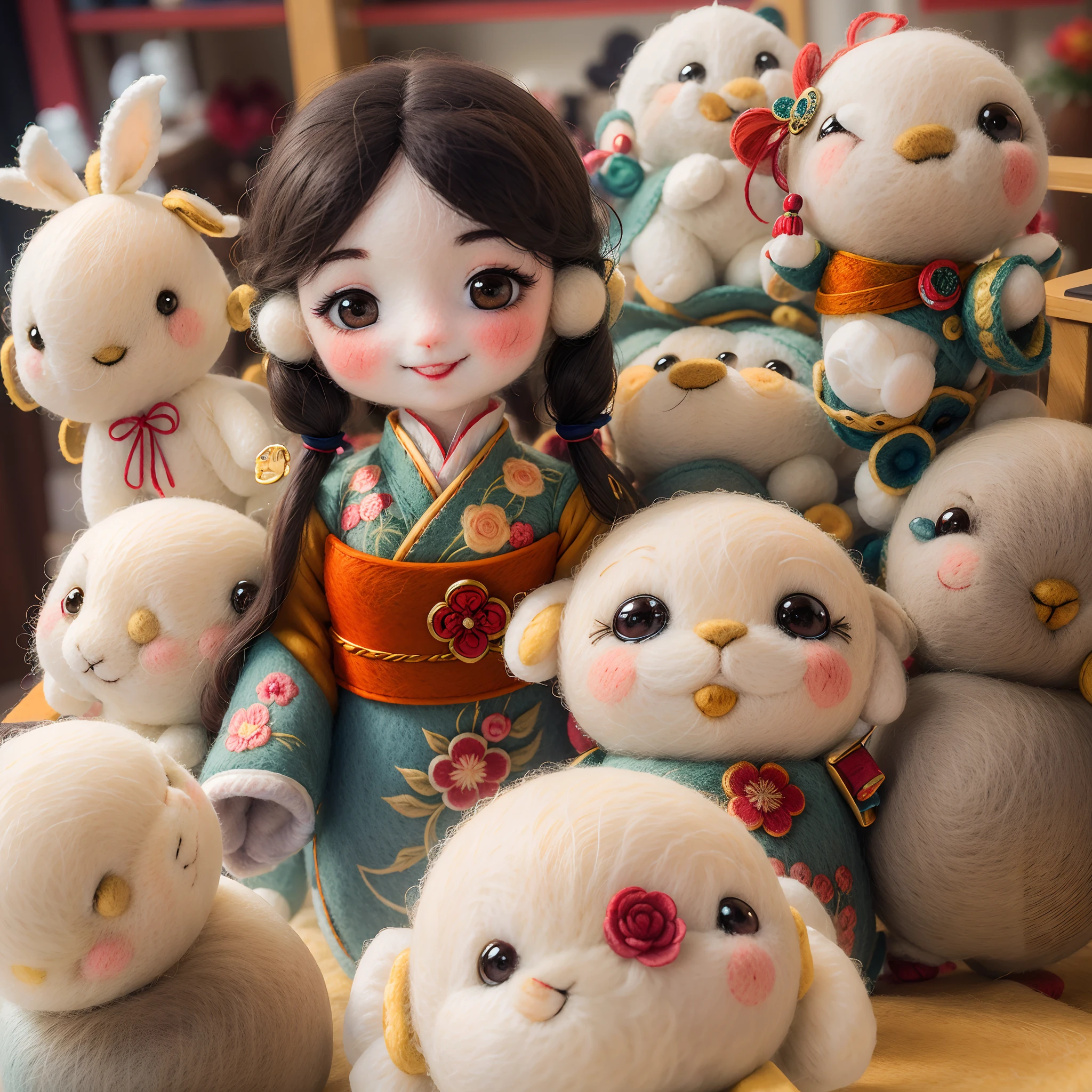 wool felt，felt，Plush ，adolable，Masterpiece, Best quality, Super detailed, illustration, 1 woman, 21 years old, Beautiful eyes, Close up, Smile, TRADITIONAL CHINESE COSTUMES,Wool felt dolls。