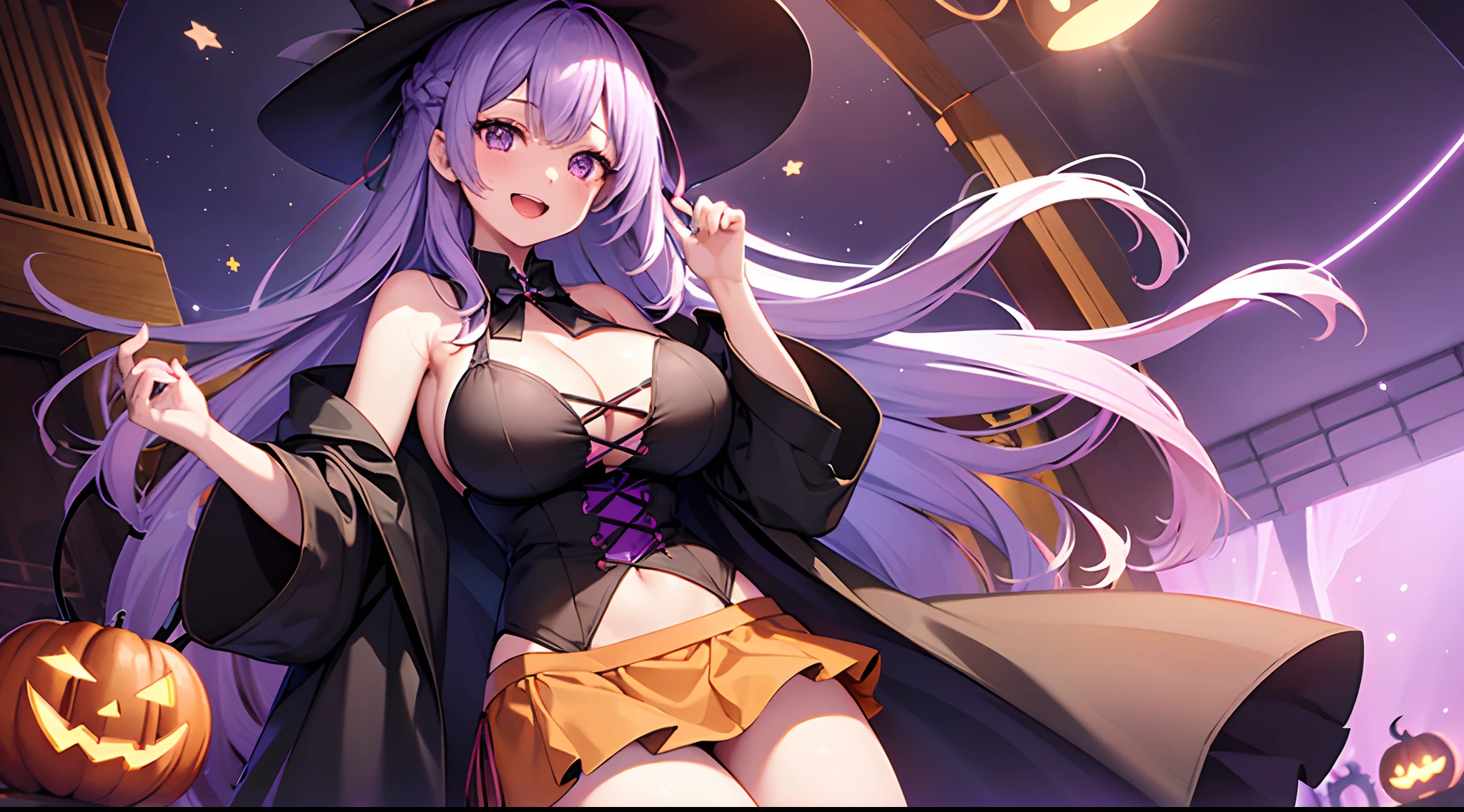 1 girl, game CG, 1 girl, game CG, sideboob orange bikini, short skirt with pattern, black witch hat, cloak, hair ribbon, gigantic breasts, light purple hair, long hair, french braid, purple eyes, indoors, Halloween background , smile, open mouth,