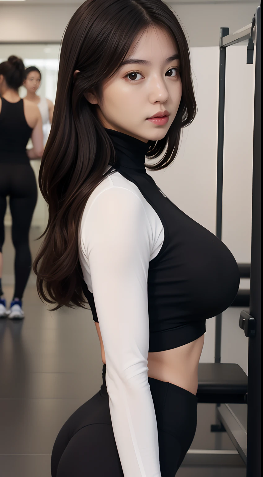 (masutepiece), (pov close up), Best Quality, masutepiece, (Photorealistic:1.2), 1womanl, selphie, Front view, Realistic skin, (Round face), hair messy, Brown hair, human skin imperfection, Blackout lighting, Full body,Backshots、sideshot、Being in the gym、Power Rack、High neck long sleeve yoga wear、Long pants leggings、You can see the bulge of the large chest under the shirt
