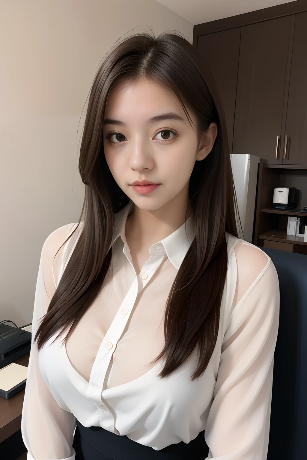 (masutepiece), (pov close up), Best Quality, masutepiece, (Photorealistic:1.2), 1womanl,  Front view, Realistic skin, (Round face), hair messy, Brown hair, human skin imperfection, Blackout lighting, Full body, OL、Similar to Company、personal computers、houseplant、Large chest bulge under collared button shirt、pencil skirts、A sexy