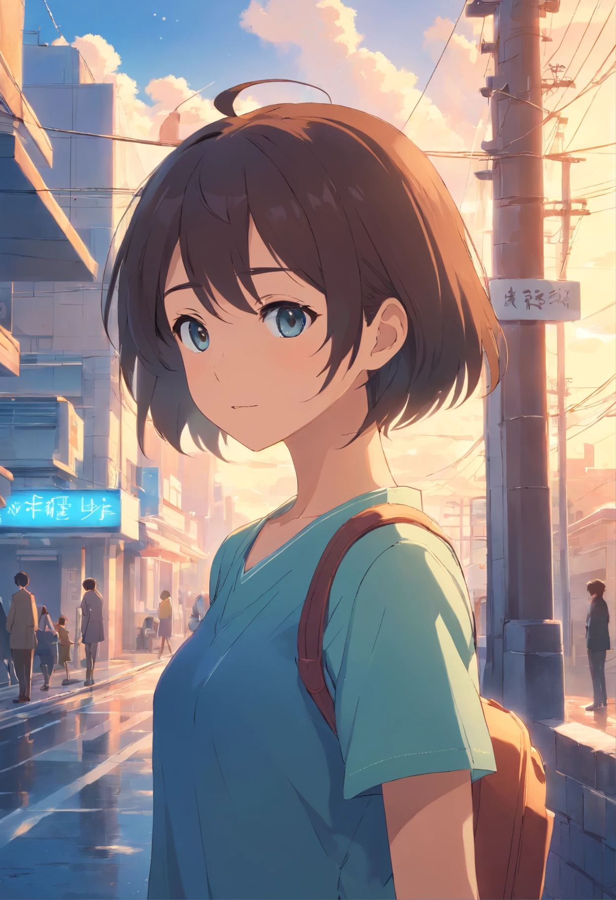 A boy，A friend a girl she hasn't seen in years，Memories flood into your head，His face was filled with emotions he hadn't seen in years。。。，Take the letter literally，Exquisite facial features，delicated face，with blue sky and white clouds