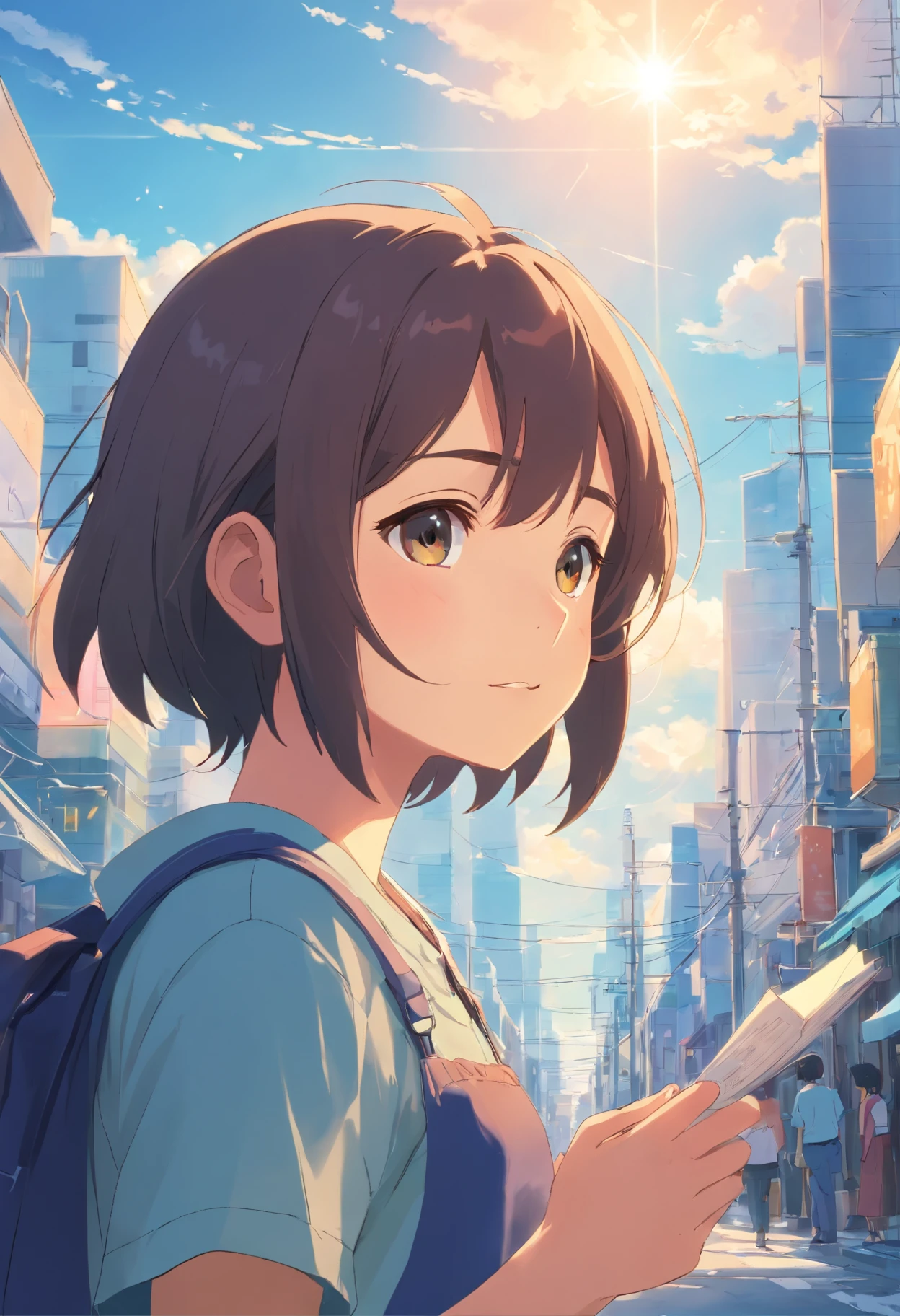 A boy，A friend a girl she hasn't seen in years，Memories flood into your head，His face was filled with emotions he hadn't seen in years。。。，Take the letter literally，Exquisite facial features，delicated face，with blue sky and white clouds