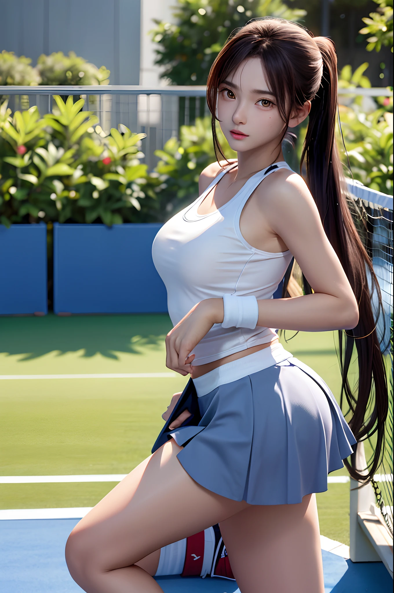 Large breasts, blue eyes, with big ass and mini tennis skirt , black hair 1girl,