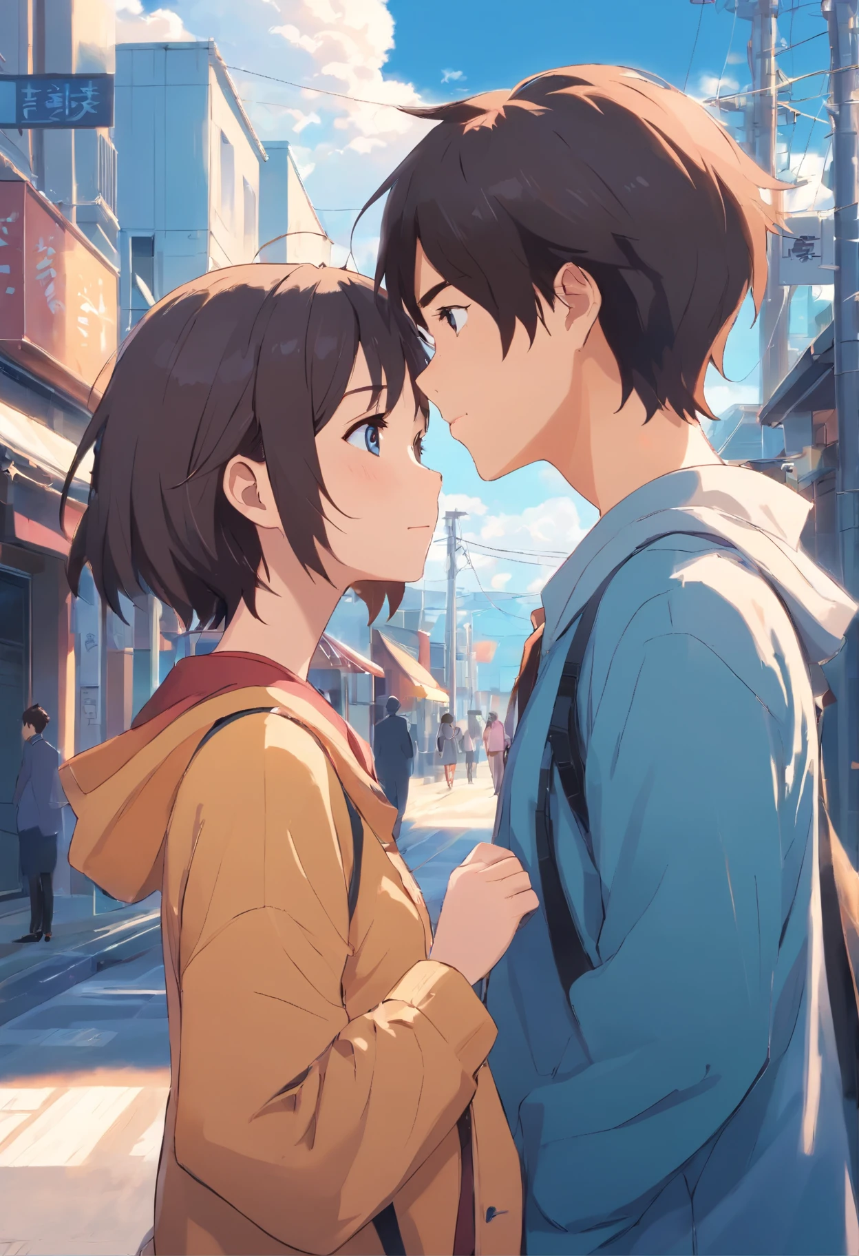 {Two people} ,{Boy 1}{girl1}kiss{seduced}, 4K picture quality, cinematic quality,School,{10 year old boy and girl},{tiny body},{Two children} Blue-haired,Twin-tailed,cute little, Kamimei{Secret kiss}