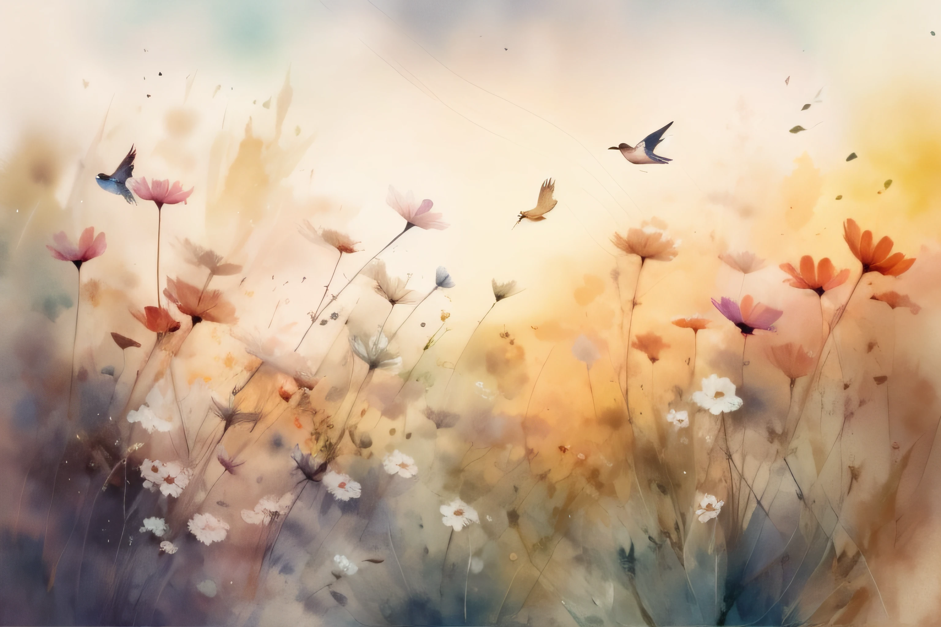 painting of a field of flowers with a bird flying by, watercolor digital painting, beautiful art uhd 4 k, light watercolour painting, by Eugeniusz Zak, digital watercolor painting, by Yang J, by Kim Eung-hwan, summer meadow, by Leng Mei, rhads watercolor, light watercolour, beautiful artwork, digital watercolor, beautiful art