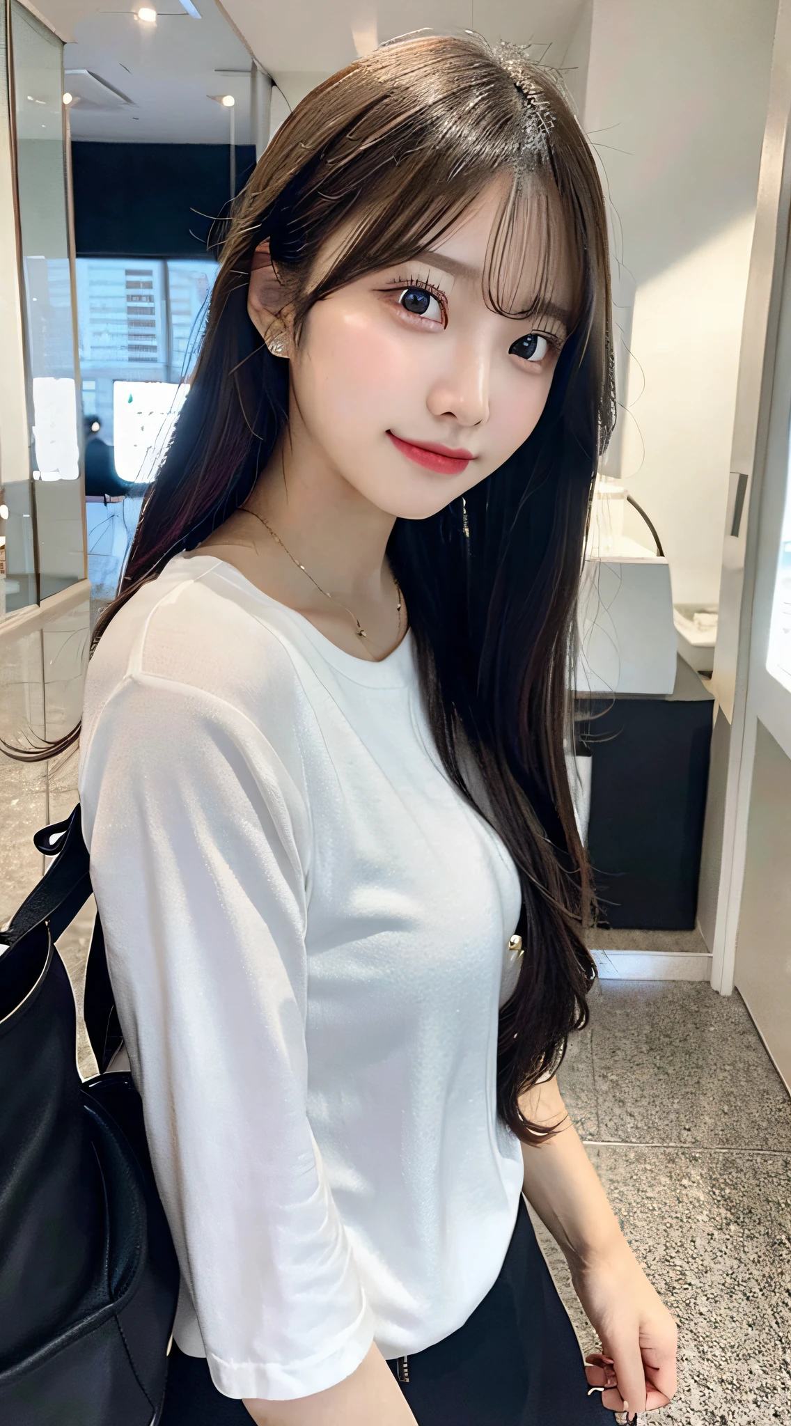 (8K、top-quality、​masterpiece、超A high resolution、High Definition Face:1.3)、portlate、(20 years girl:1.3)、bokeh dof、frontage、 Genius genius smile、ultra-detailliert、ultra res、(realisitic、rialistic photo:1.37)、high-definition RAW color photography、Professional Photography、highly detailed and beautiful、ighly detailed、8K Picture Wallpaper、amazing detailed、huge filesize、Official art、Highly detailed CG Unity 8K wallpapers、highly detailed beautiful girl、extra detailed face、extremely detailed eye、highlydetailed skin、extremely detailed fingers、highly detailed nose、very detailed detailed mouth、Perfect Anatomy、Highly detailed clothing、1 girl、(18:1.2)、Teen、Cute  s、famous Japan idol、cute little、Realistic body、、de pele branca、glistning skin、Slim body、Handsome body、brown haired、(Blunt bangs:1.2)、Classic wavy long hair、 (nffsw:1.3),A smile、kawaii、zora々Right、kawaii faces、Lifelike face、Delicat eyes、Sauce order、T-shirt、skirt by the、Looking at the camera、cowboy  shot、Inside the café、front facing、Contrapo、public