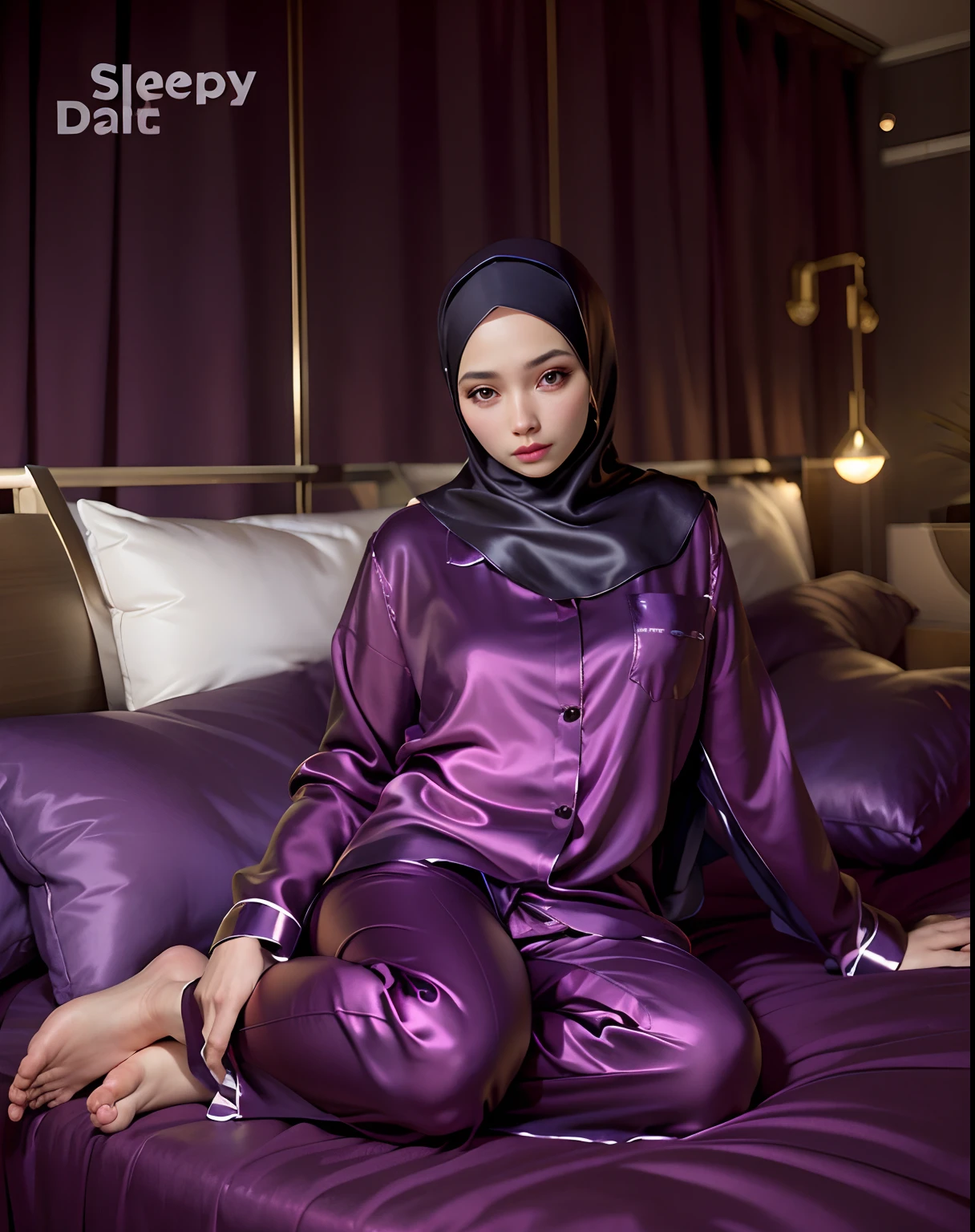 araffe woman in a satin pajamas sitting on a bed, daz, dall-e 2, dall - e 2, satin, hijab, silky, inspired by Nazmi Ziya Guran, monochrome, dazzling, malaysian, ✨🕌🌙, sleepwear, inspired by Yu Zhiding, dau - al - set, dau-al-set, dizzy