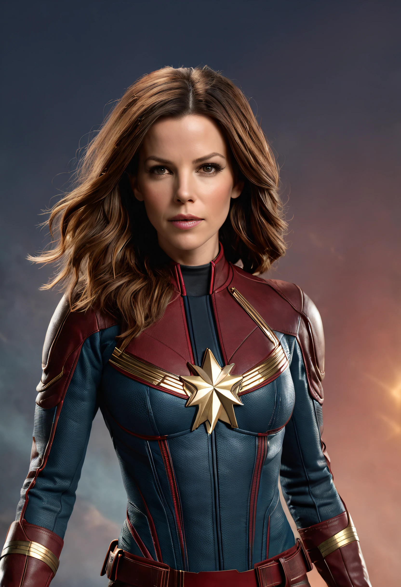 (Kate Beckinsale as Captain Marvel:1.5) flying in space(1girl), ((Best Quality, 8K, Masterpiece: 1.3)), (Hairstyle Casual, Big Breasts: 1.2) showcasing her full body pose, with astonishing photo-realistic details.