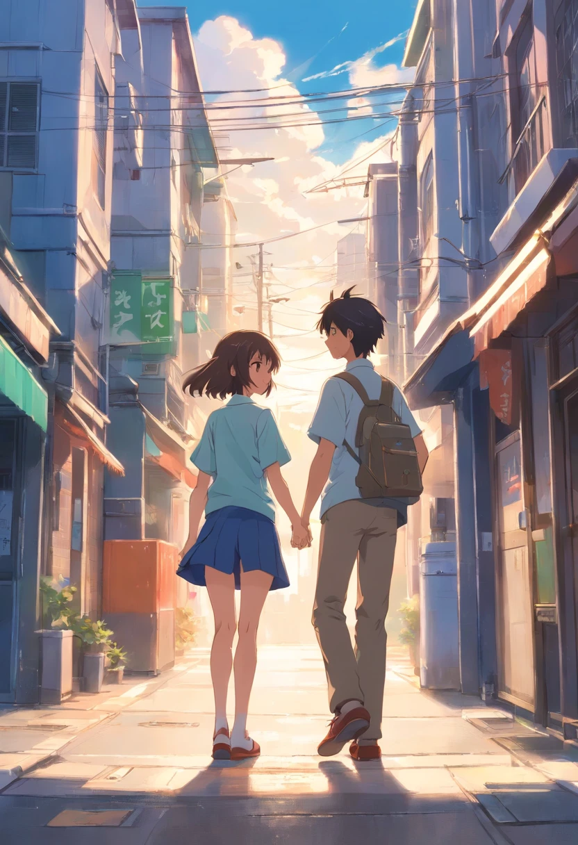 Couples who haven't seen each other in years meet on the street,The style is similar to Makoto Shinkai's《Your name》Memories flood into your head,His face was filled with emotions he hadn't seen in years。。。。。,Take the letter literally,Exquisite facial features,delicated face,with blue sky and white clouds,meet,Random face-to-face,Look back randomly