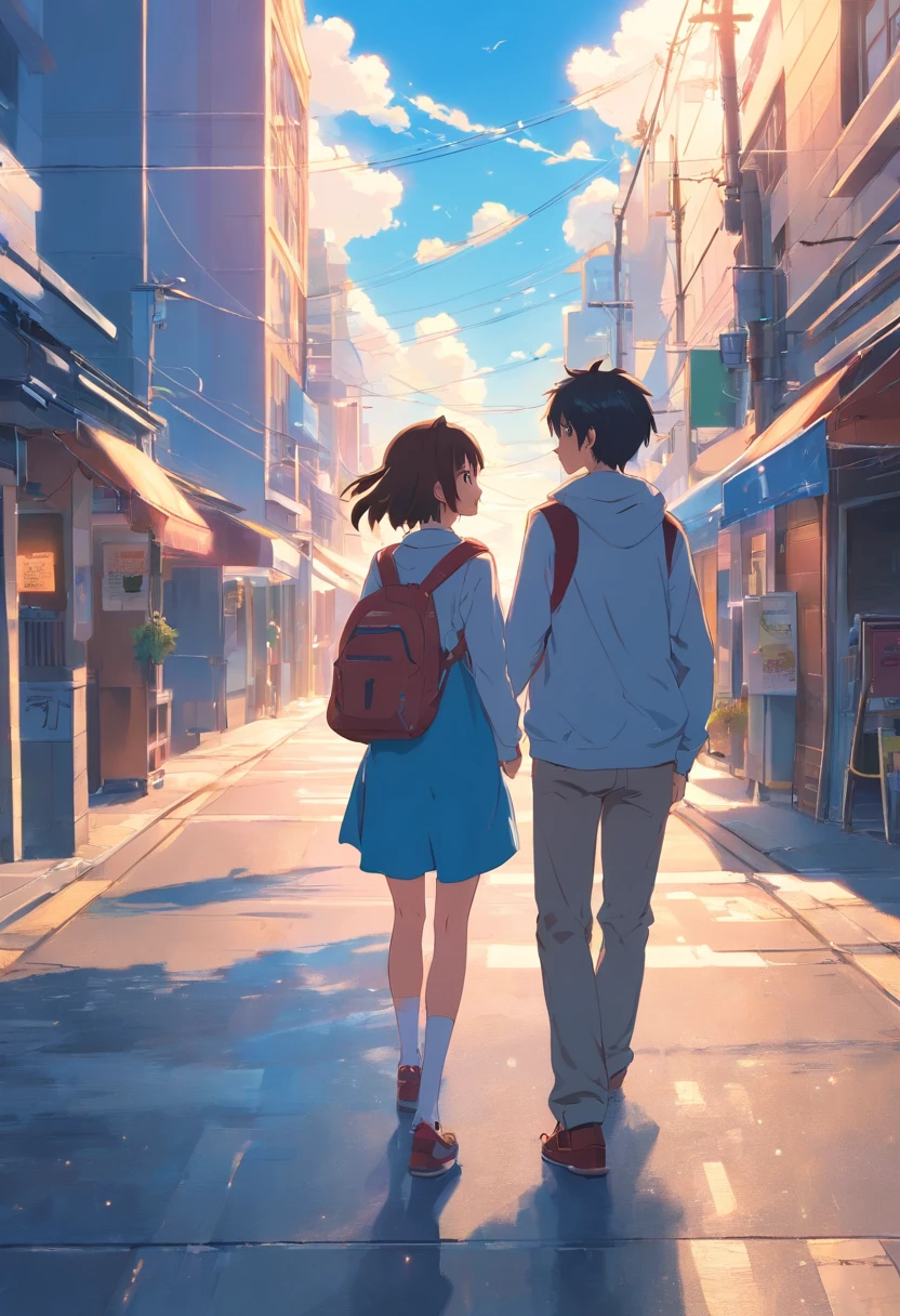 Couples who haven't seen each other in years meet on the street,The style is similar to Makoto Shinkai's《Your name》Memories flood into your head,His face was filled with emotions he hadn't seen in years。。。。。,Take the letter literally,Exquisite facial features,delicated face,with blue sky and white clouds,meet,Random face-to-face,Look back randomly