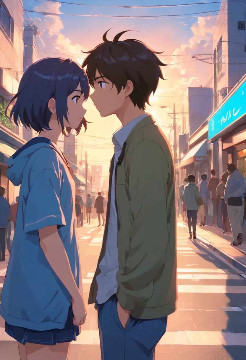 Couples who haven't seen each other in years meet on the street,The style is similar to Makoto Shinkai's《Your name》Memories flood into your head,His face was filled with emotions he hadn't seen in years。。。。。,Take the letter literally,Exquisite facial features,delicated face,with blue sky and white clouds,meet,Random face-to-face,Look back randomly