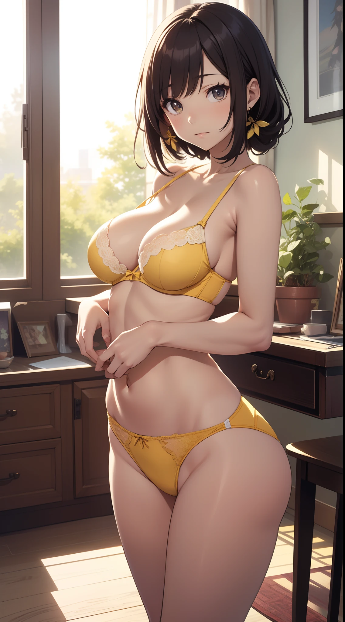 masutepiece、hight resolution、1girl in、in one's underwear only、Yellow lingerie、large full breasts、bending forward、Poses that emphasize breasts、Cute anime illustration、