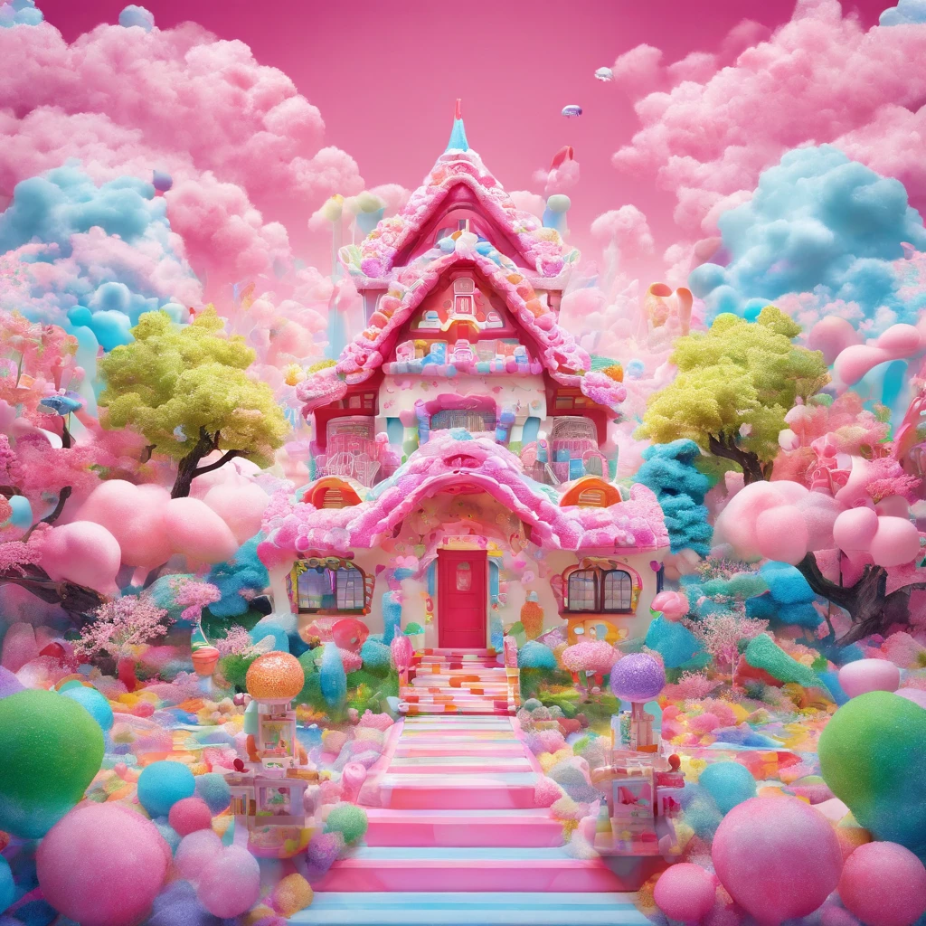 Masterpiece,first person perspective,(A small candy house),(Candy Land style house), cotton candy trees, everything is made of candy, cotton candy, candyland,made of candy, made of candy and lollypops , Carve with candy, candy forest, Candy coating, RAW photo, Hyper-realistic, max details, Intricate details,