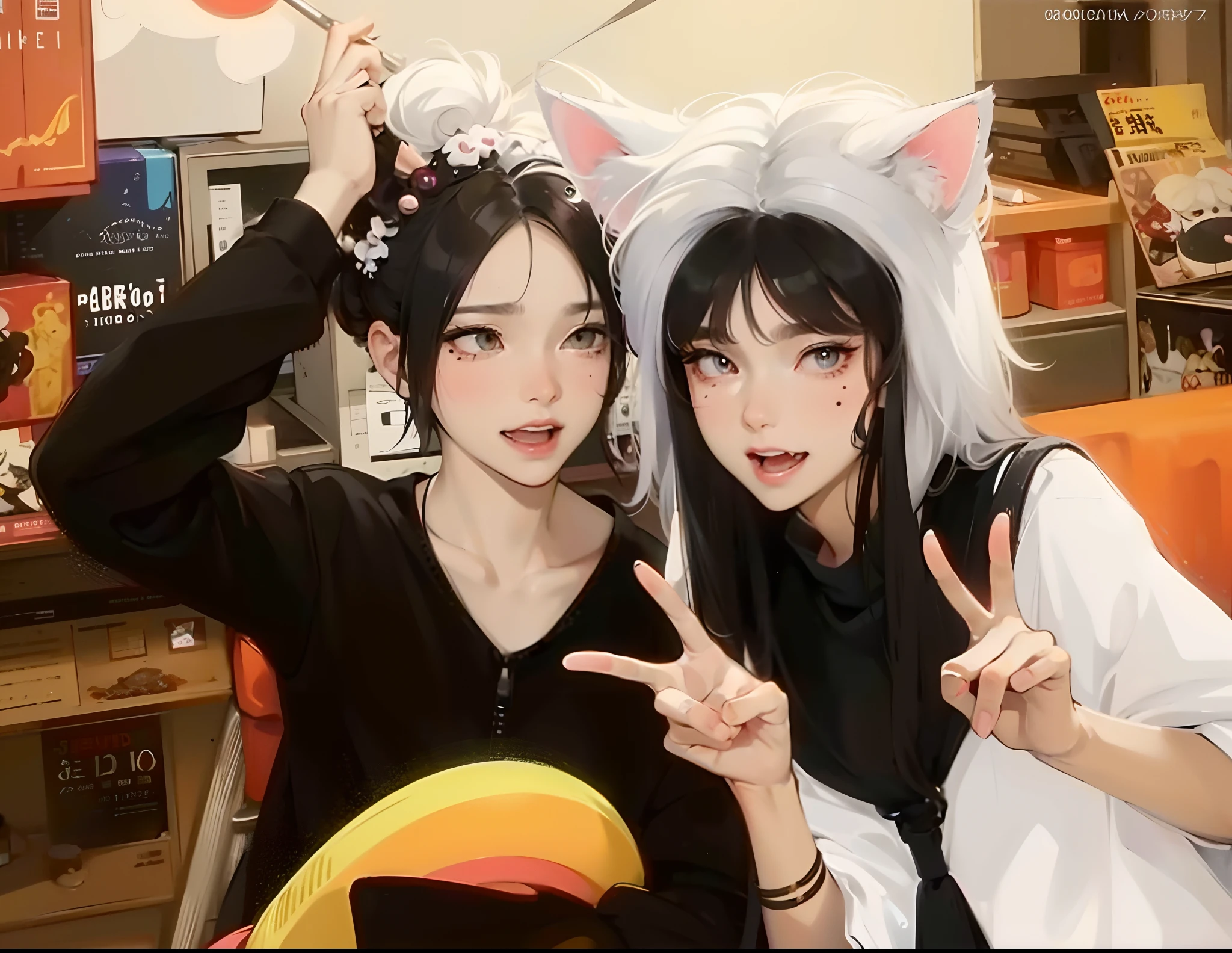 hair bobbles, fake animal ears, ear blush, fang, silver hair, messy hair, mole under eye, cat ears, bright pupils, upper teeth, anaglyph, stereogram, tachi-e, pov, atmospheric perspective, depth of field, modern, modern, anime, cinematic lighting, Fujicolor, film grain, anime style, 8k, super detail, ccurate, best quality, 4K