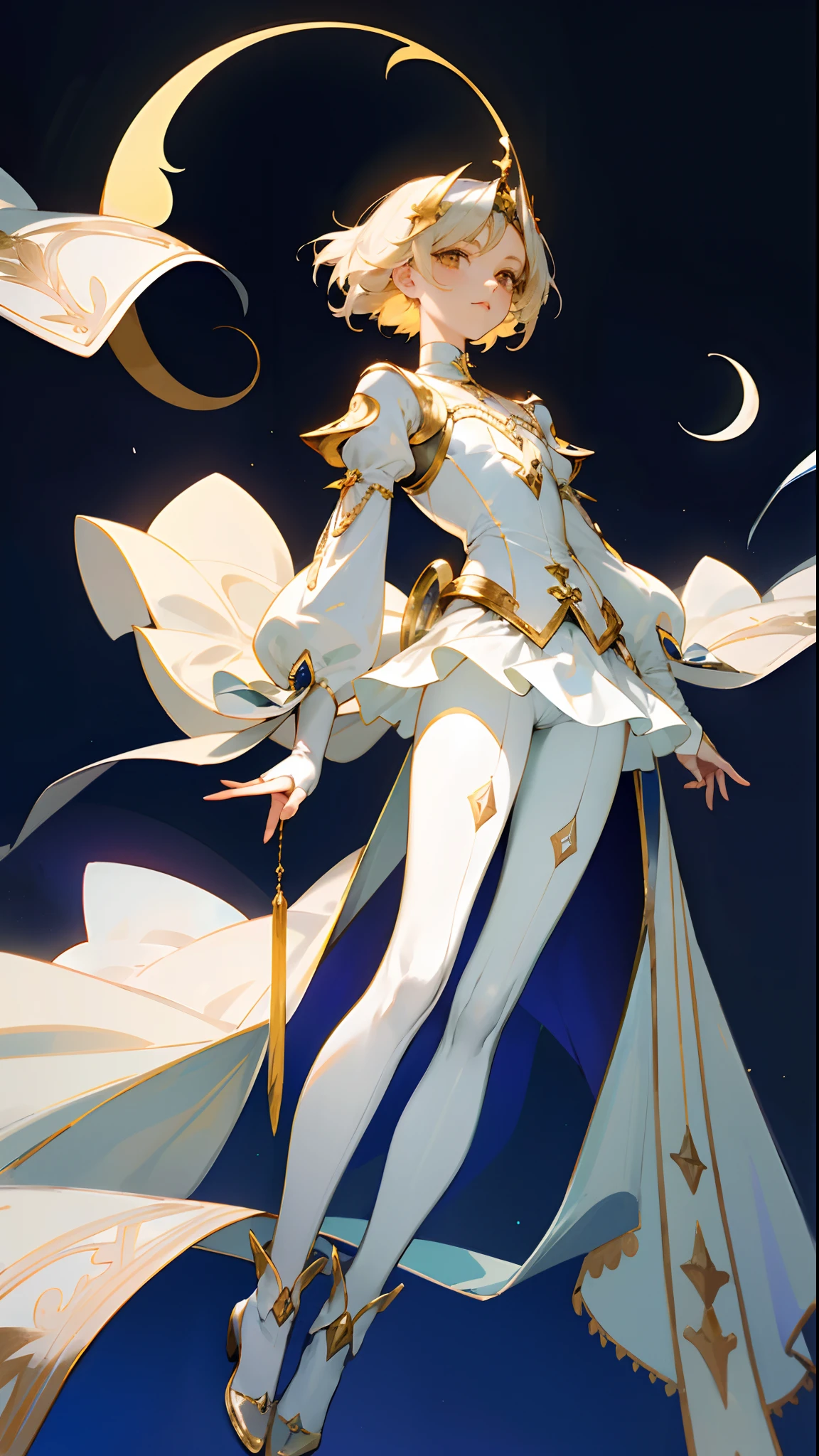 (masterpiece, best quality )detailed, 1Character ,  pastel washed out colors , cell shade , soft, muted shades ,gentle colors , blue archive art style

She wears a fitted, celestial blue bodysuit with a graceful V-neckline, featuring a silver chest emblem that resembles a radiant crescent moon, The bodysuit is accented with delicate, silver trim along the edges, adding an elegant flourish, ethereal white skirt that billows gracefully, The skirt is adorned with intricate silver embroidery in the shape of crescent moons and stars, knee-high, celestial blue boots with silver crescent moon buckles on the sides, outfit is adorned with a delicate silver choker featuring a crescent moon pendant, She wears elegant, fingerless gloves with silver cuffs and crescent moon motifs, She adorns her hair with a celestial blue tiara featuring a crescent moon centerpiece, Subtle silver eyeliner , Stunning woman , short hair , blonde hair , orange eyes , no pupils , pink lips , pale skin , ￼age 26,