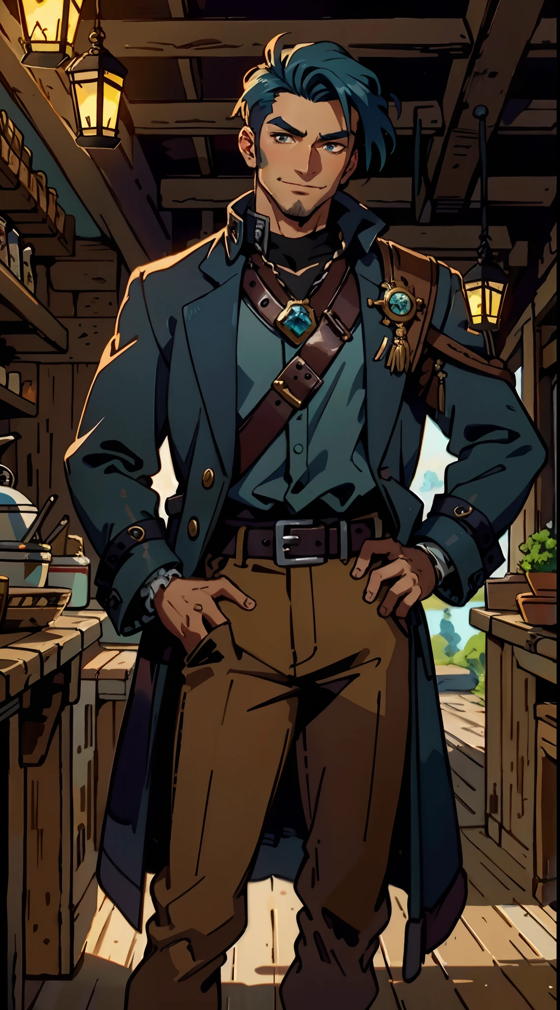 A man with short aqua-blue hair, wearing a headscarf, a fearless gaze, a playful smile, a confident demeanor, he has distinct facial features, he wears a two-piece fantasy pirate outfit, wears a black tight-fitting shirt underneath, a loose sky-blue coat over it, a ghostly face emblem belt, loose fabric pants, stands within a bustling fantasy medieval tavern, this character embodies a finely crafted fantasy-style pirate in anime style, characterized by an exquisite and mature manga illustration art style, high definition, best quality, highres, ultra-detailed, ultra-fine painting, extremely delicate, professional, anatomically correct, symmetrical face, extremely detailed eyes and face, high quality eyes, creativity, RAW photo, UHD, 8k, Natural light, cinematic lighting, masterpiece:1.5