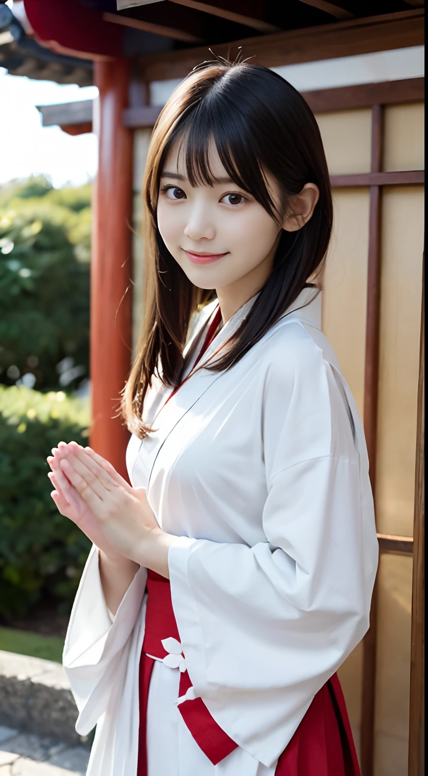 (Close up portrait of a girl with slender small breasts and long hair with dull bangs In a white kimono and scarlet long skirtt:1.5)、(Girl pray and put her palms together in the Japanese shrine precinct with small smile:1.5)、(Beautiful blue sky :1.3)、(Perfect Anatomy:1.3)、(complete fingers:1.3)、(8K:1.3)、Photorealistic photography、masutepiece、top-quality、high resolution、delicate and pretty、face perfect、Beautiful detailed eyes、Fair skin、Real Human Skin、((thin legs))、(Dark hair)