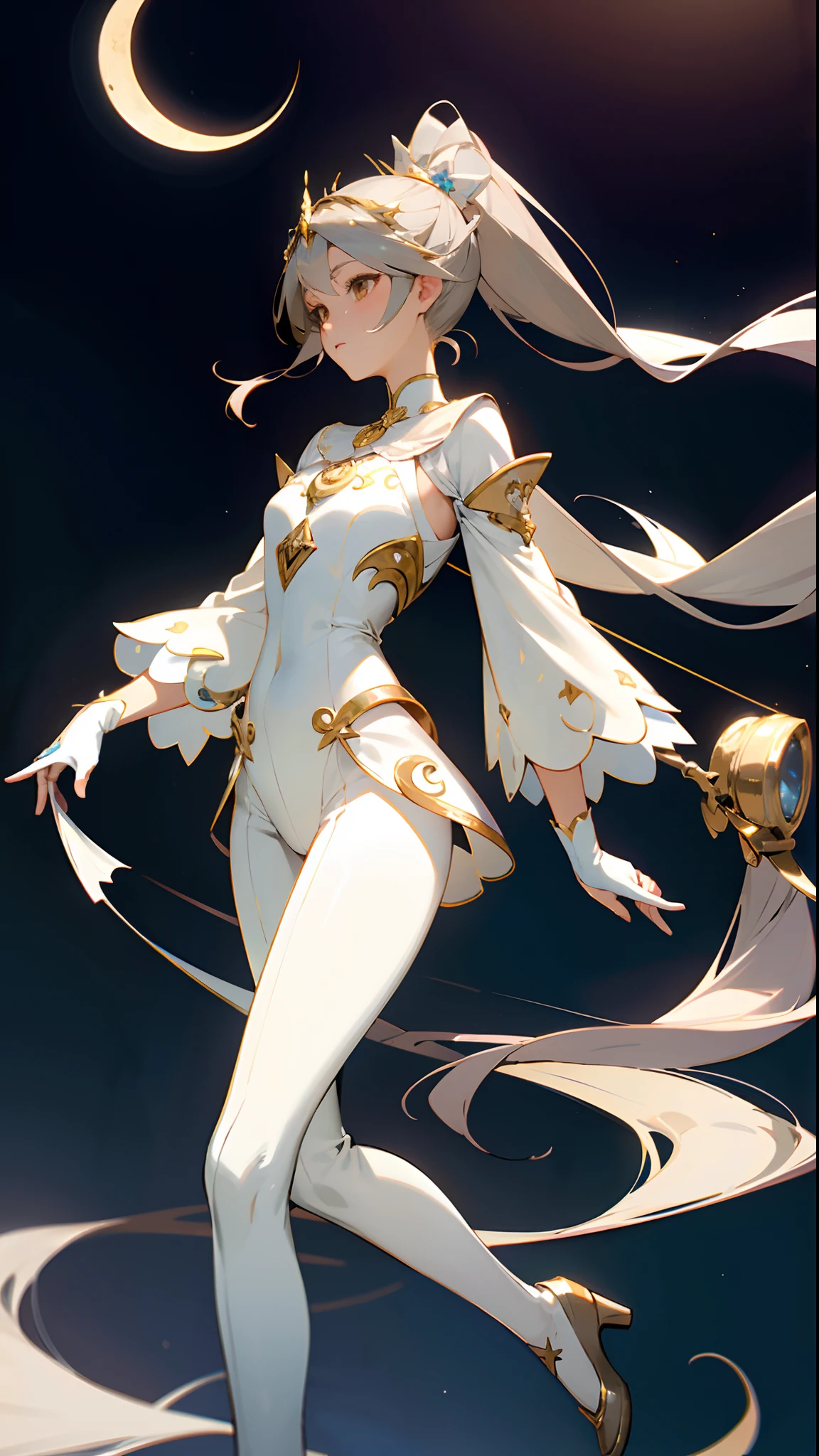 (masterpiece, best quality )detailed, 1Character , pastel washed out colors , cell shade , soft, muted shades ,gentle colors , blue archive art style
She wears a fitted, celestial blue bodysuit with a graceful V-neckline, featuring a silver chest emblem that resembles a radiant crescent moon, The bodysuit is accented with delicate, silver trim along the edges, adding an elegant flourish, ethereal white skirt that billows gracefully, The skirt is adorned with intricate silver embroidery in the shape of crescent moons and stars, knee-high, celestial blue boots with silver crescent moon buckles on the sides, outfit is adorned with a delicate silver choker featuring a crescent moon pendant, She wears elegant, fingerless gloves with silver cuffs and crescent moon motifs, She adorns her hair with a celestial blue tiara featuring a crescent moon centerpiece, Subtle silver eyeliner , A beautiful mature woman , dark brown hair , extremely long hair , hair in a ponytail , brown eyes , age 41