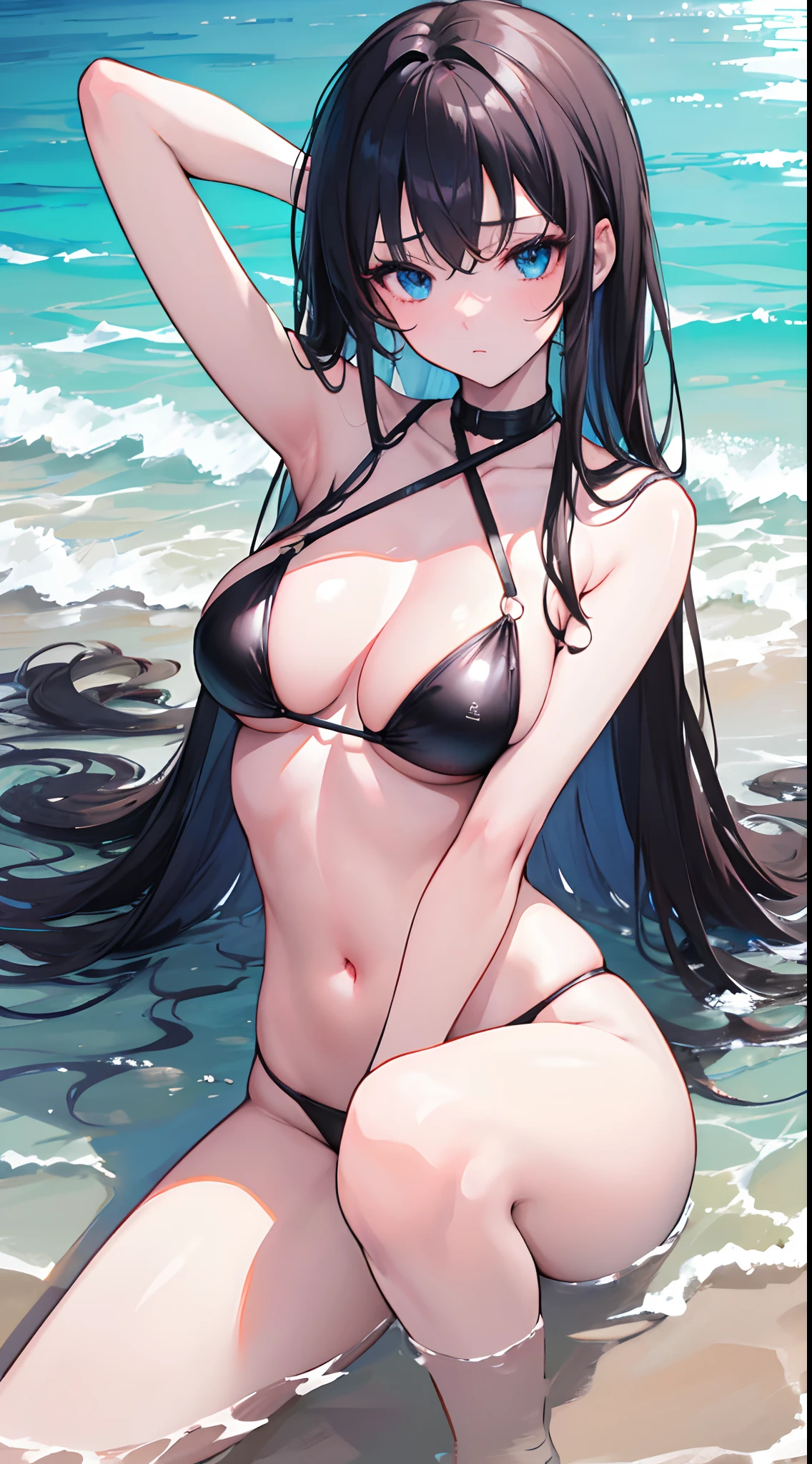 Masterpiece, top quality,1 girl, anime girl Wearing a wet bikini, black hair , Beach as background , super detail, 4k wallpaper , detail eyes,Seductive pose, blue eyes , Sleeping
