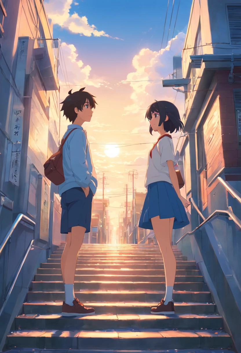 Couples who haven't seen each other in years meet on the street,The style is similar to Makoto Shinkai's《Your name》Memories flood into your head,His face was filled with emotions he hadn't seen in years。。。。。。,Take the letter literally,Exquisite facial features,delicated face,with blue sky and white clouds,meet,Look across the street or stairs