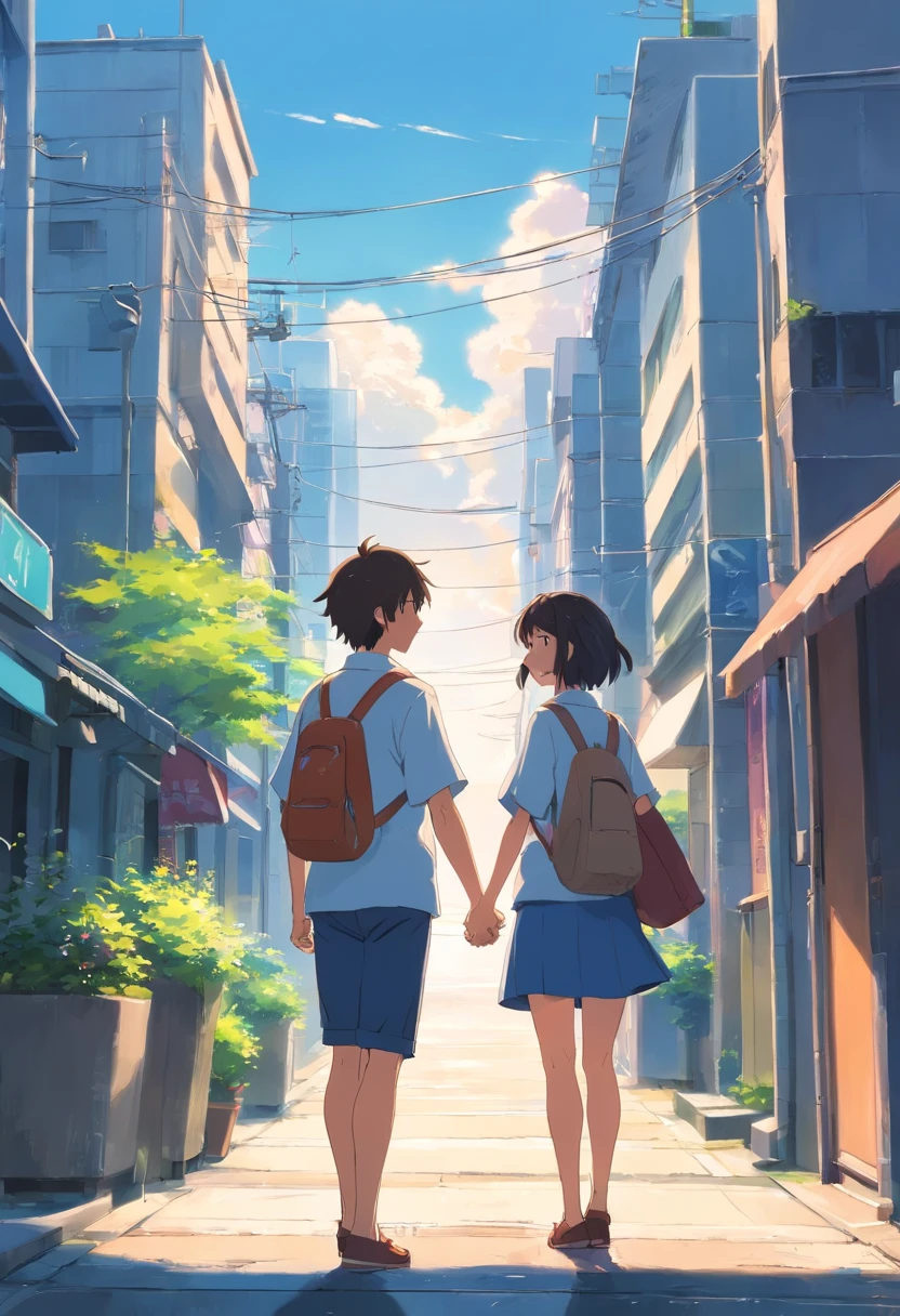 Couples who haven't seen each other in years meet on the street,The style is similar to Makoto Shinkai's《Your name》Memories flood into your head,His face was filled with emotions he hadn't seen in years。。。。。。,Take the letter literally,Exquisite facial features,delicated face,with blue sky and white clouds,meet,Look across the street or stairs