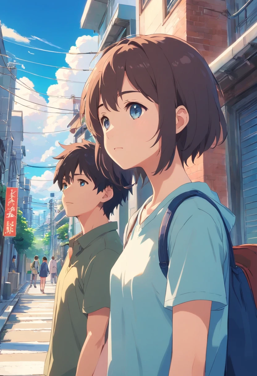 Couples who haven't seen each other in years meet on the street,The style is similar to Makoto Shinkai's《Your name》Memories flood into your head,His face was filled with emotions he hadn't seen in years。。。。。。,Take the letter literally,Exquisite facial features,delicated face,with blue sky and white clouds,meet,Look across the street or stairs