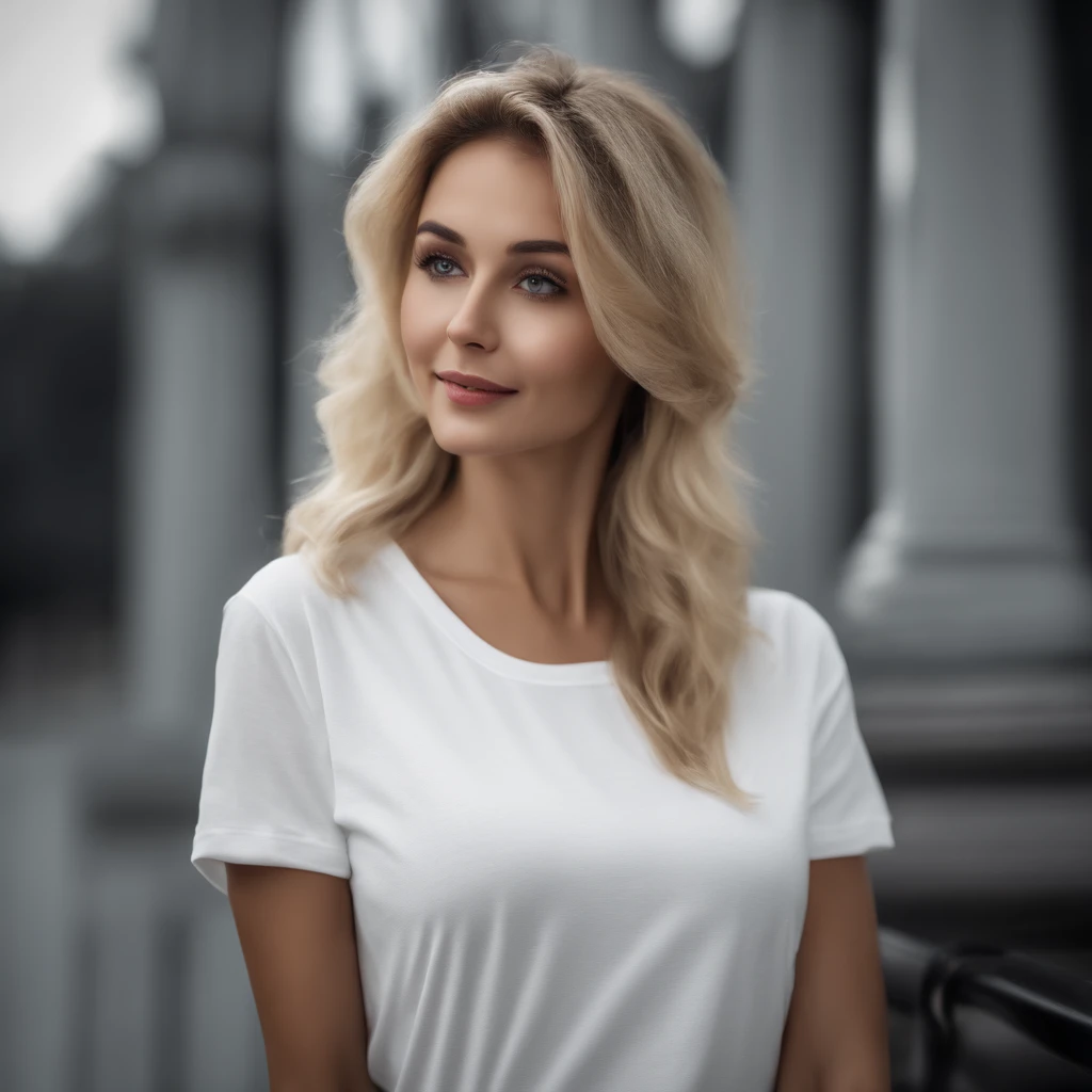 (photo: 1.3) af (realism: 1.4), (((white T-shirt))), (blond lady), super high resolution, (realism: 1.4), 1 girl, female avatar, soft light, Black hair, smile, facial focus, cheerful, young, confident, ((gray background)), (((monochrome background))), high definition, details, slightly looking up, perfect picture, movie quality, ultra high definition, Female avatar, beautiful girl, young and beautiful, exquisite face, elegant and luxurious