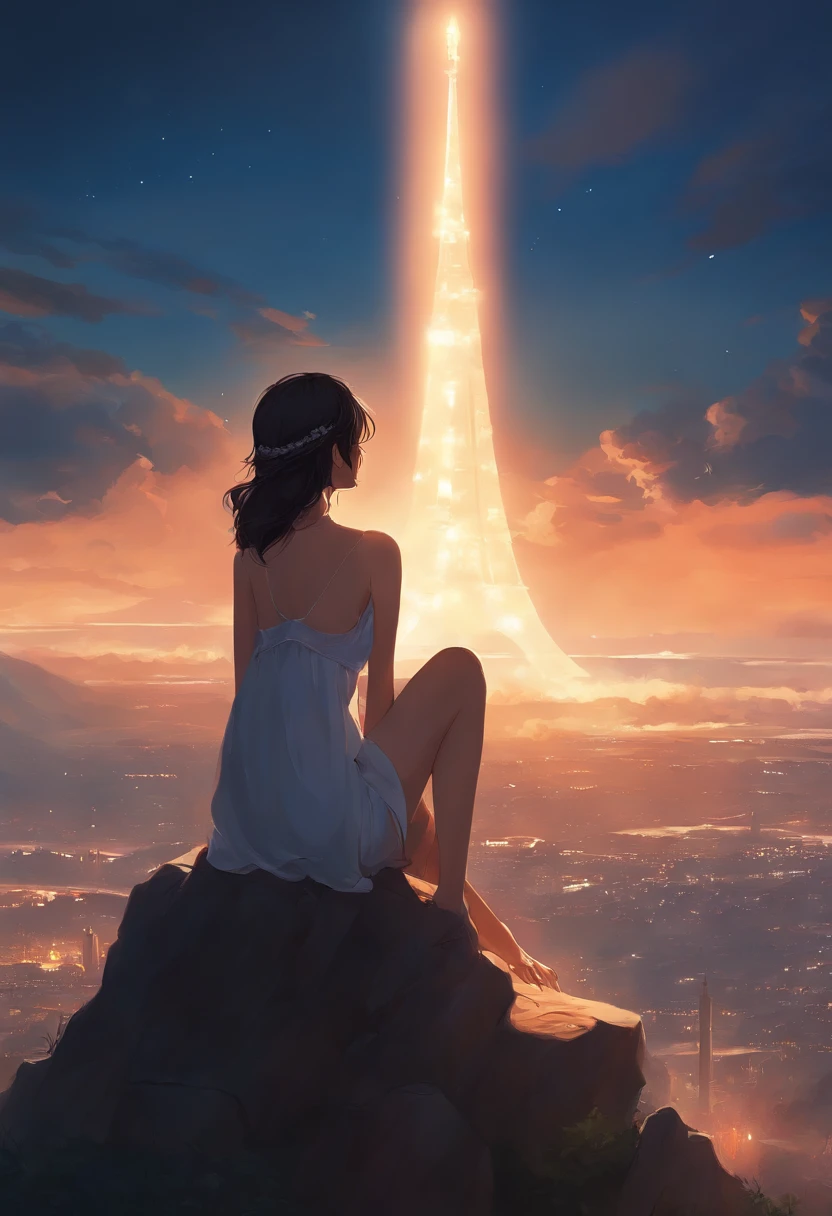 anime girl sitting on a rock looking at the sky,a sky piercing tower far far away, makoto shinkai cyril rolando, anime art wallpaper 4k, anime art wallpaper 4k, cyril rolando and goro fujita, Anime art wallpaper 8k, 4k anime wallpaper, anime wallpaper 4 k, anime wallpaper 4k, ( ( By Shinkai Makoto ) ), By Shinkai Makoto!Open crotch、Open your crotch wide、Panties are visible。Striped bread、Striped panties、opens legs、