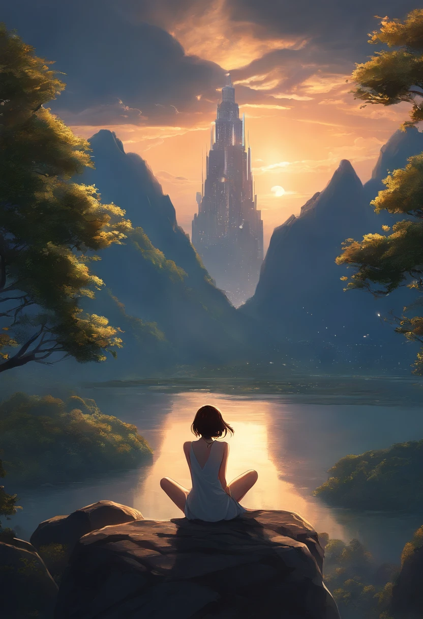 anime girl sitting on a rock looking at the sky,a sky piercing tower far far away, makoto shinkai cyril rolando, anime art wallpaper 4k, anime art wallpaper 4k, cyril rolando and goro fujita, Anime art wallpaper 8k, 4k anime wallpaper, anime wallpaper 4 k, anime wallpaper 4k, ( ( By Shinkai Makoto ) ), By Shinkai Makoto!Open crotch、Open your crotch wide、Panties are visible。Striped bread、Striped panties、opens legs、
