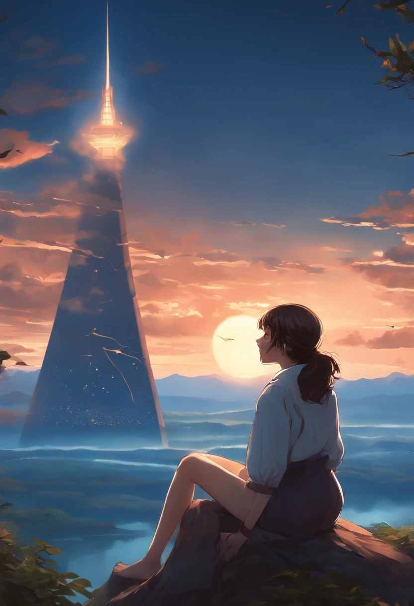 anime girl sitting on a rock looking at the sky,a sky piercing tower far far away, makoto shinkai cyril rolando, anime art wallpaper 4k, anime art wallpaper 4k, cyril rolando and goro fujita, Anime art wallpaper 8k, 4k anime wallpaper, anime wallpaper 4 k, anime wallpaper 4k, ( ( By Shinkai Makoto ) ), By Shinkai Makoto!Open crotch、Open your crotch wide、Panties are visible。Striped bread、Striped panties、opens legs、