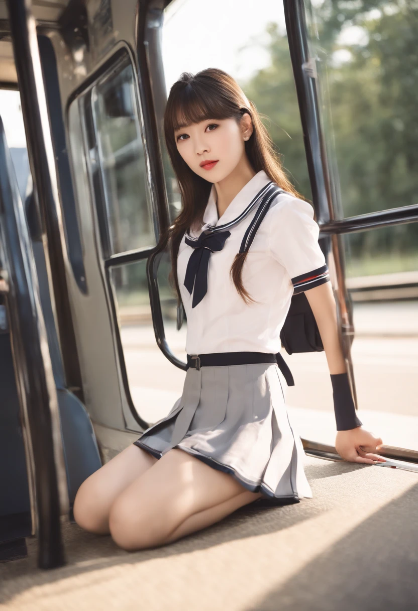 Low angle shot,arafed asian woman in a short skirt and bow tie sitting on a train, cute schoolgirl, japanese girl school uniform, wearing japanese school uniform, japanese school uniform, a hyperrealistic schoolgirl, dressed as schoolgirl, hyperrealistic schoolgirl, wearing school uniform, realistic schoolgirl, girl wearing uniform, wearing a school uniform, of a schoolgirl posing, full body, nice skin, glowing skin, nice thighs,glowing thigh, glowing legs