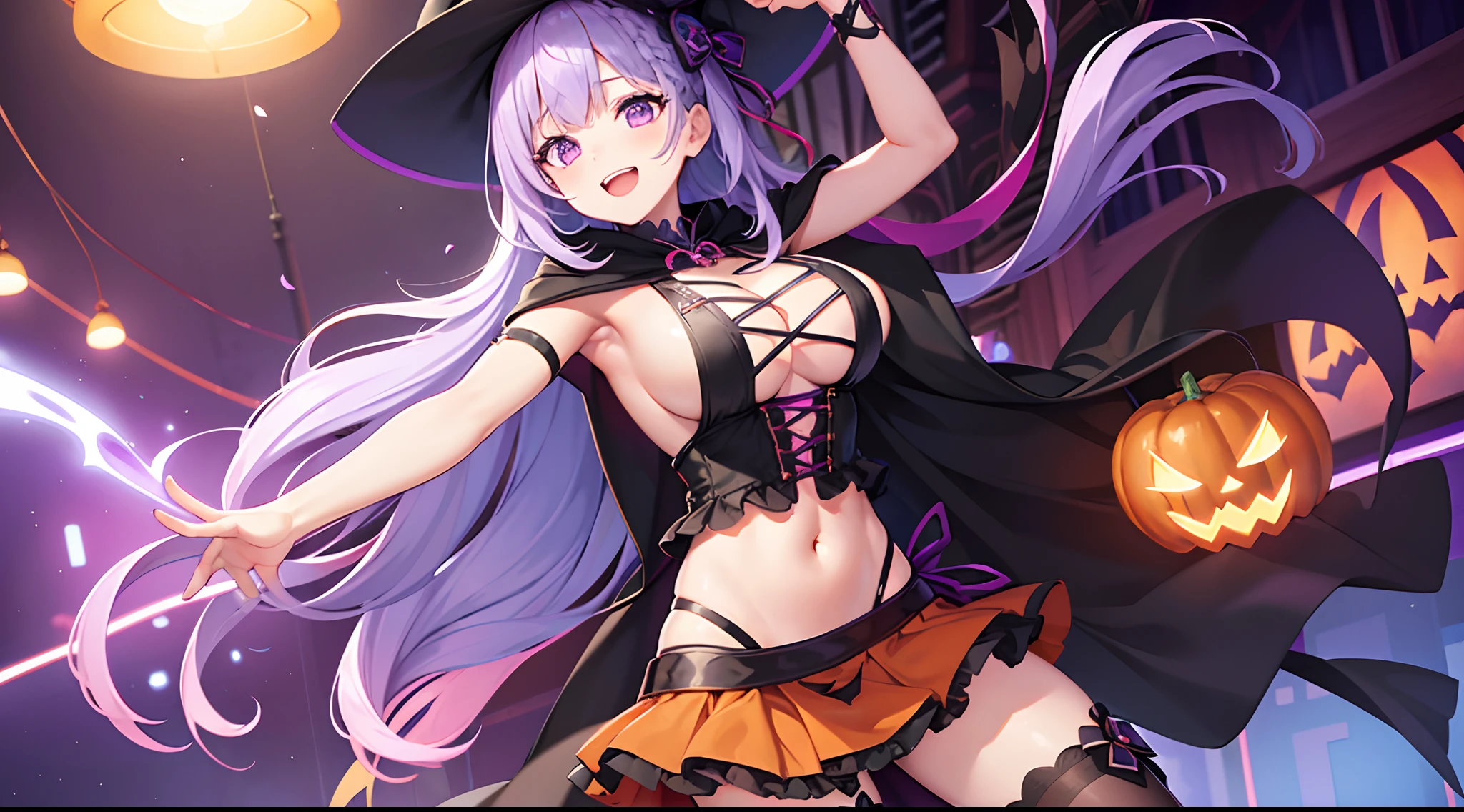 1 girl, game CG, 1 girl, game CG, sideboob orange bikini, short skirt with pattern, black witch hat, cloak, hair ribbon, gigantic breasts, light purple hair, long hair, french braid, purple eyes, indoors, Halloween background , smile, open mouth,