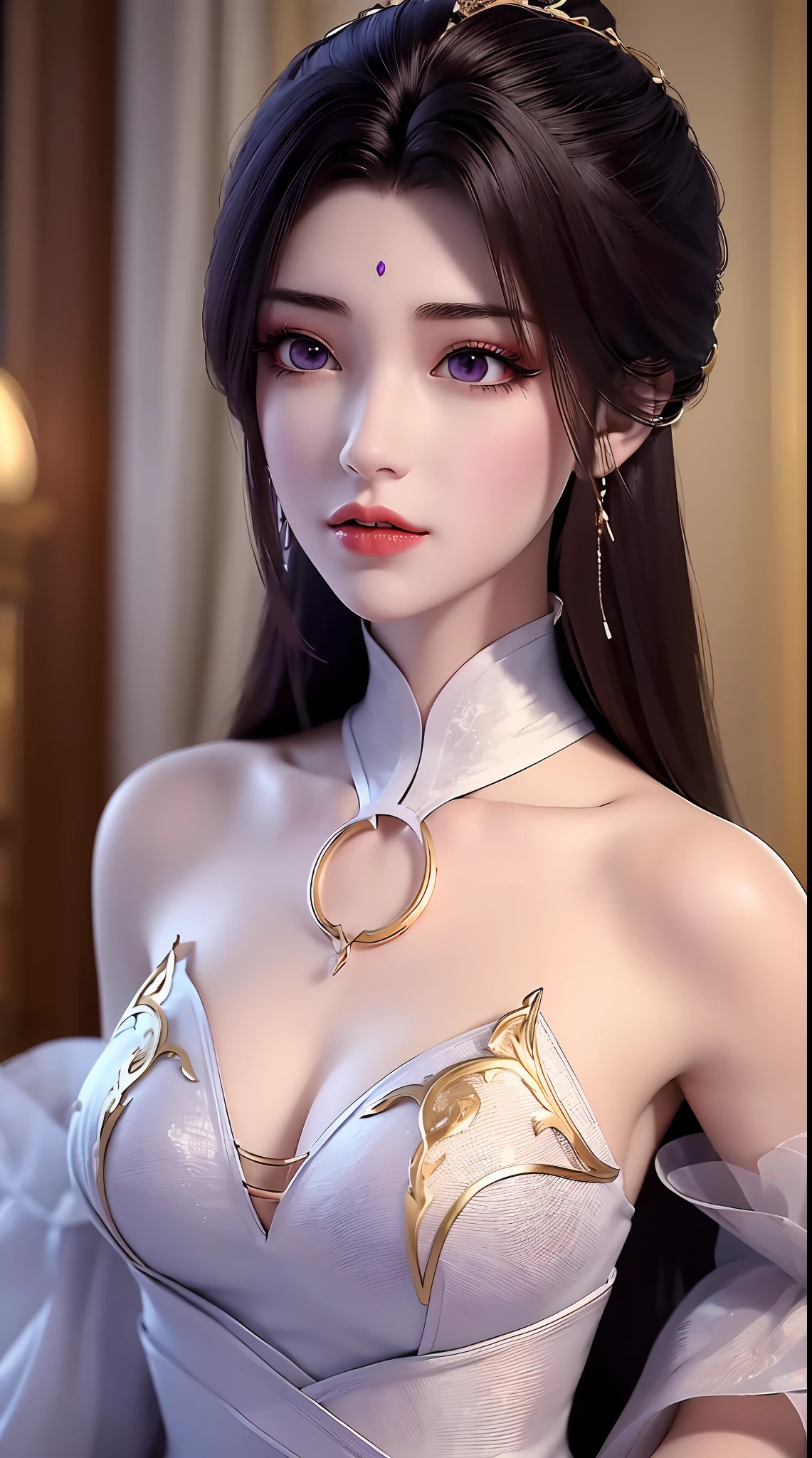 1 sexy beautiful girl wearing a sexy white lace off-the-shoulder red season long dress, thin dress with many eye-catching patterns decorated with 24k gold, ((sexy slim skirt: 0.8)), golden iridescent aura, bust out, show off her round bust, deep slit shirt, long black purple hair, the most beautiful and detailed hair jewelry, beautiful little face thin eyebrows, the most beautiful and spotless face, ((Yellow iris:0.8)), the very beautiful eyes, big round eyes, purple eyes, fine and detailed makeup eyelashes, high nose, wearing earrings, small red lips, rosy face, clean face, beautiful face without blemish, smooth white skin, ((big breasts: 0.9)), Blums boobs, ((big and super round breasts:0.9)), ((super tight breasts:1.2)), ((breast augmentation: 0.8)), beautiful breasts, fit body, ((thin waist: 0.9)), upper body of a beautiful girl, Hot and sexy petite body, sexy girl, hands hanging down, 8k photo, super high quality, super realistic, 10x super pixels, photo realistic, dark studio, border light, two tone light, (detailed skin high: 1.2), 8k uhd, dslr, soft light, high quality, volumetric light, candid, Photo, high resolution, light, best photo, 4k quality, 8k, Bokeh, Smooth and sharp, pixel up 10 times, ((thunder effect: 2.0)), (galaxy: 1.7), aurora, lightning, super graphics, the most realistic graphics,(Aurora Background: 1.8), alone, solo, portrait 9:16,