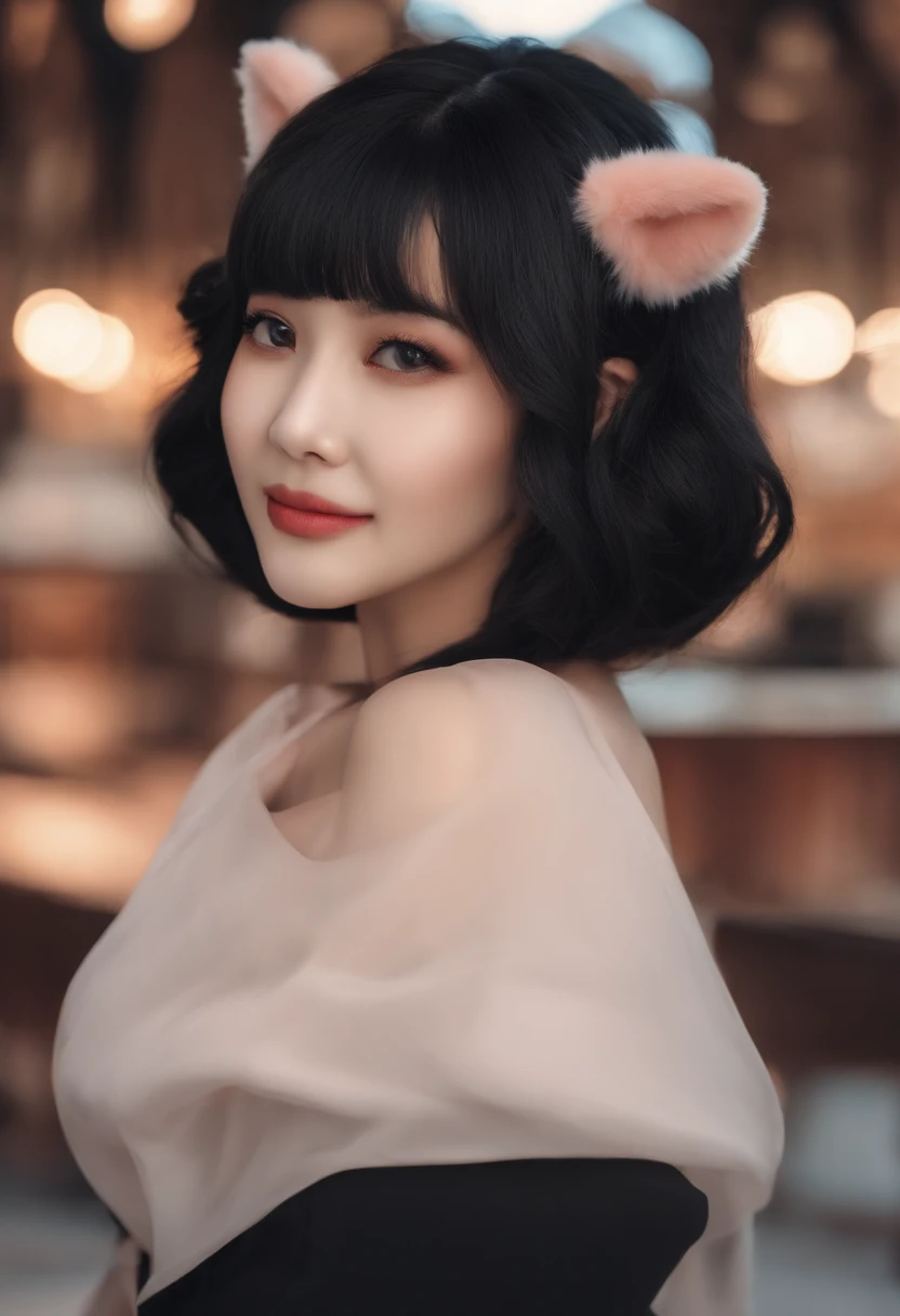 black hair, hair bobbles, wince, longeyelashes, solid circle eyes, fake animal ears, light smile, ear blush, fang, Surrealism, drop shadow, anaglyph, stereogram, tachi-e, pov, atmospheric perspective, 8k, super detail, ccurate, best quality