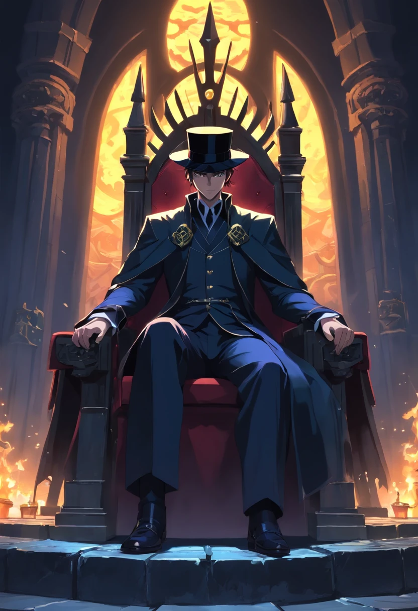 Kindly, Generate an image of an imposing man wearing a black top hat, Sitting authoritatively on a special throne,This throne is located in the center of a dark crossroads. He wears a black cloak,Flow around him, Adding a touch of mystery to his figure. In one of your hands, He holds a sinister-looking trident firmly. The whole scene takes place at night, The cobblestone streets cast deep shadows. Around the throne, 火焰, Crackling and shining;, Cast a sinister glow around you. Get the key, with a cold, Penetrating white, Hover in the background, His glow disturbed the whole scene。. The combination of moonlight and flame creates dramatic contrasts, Revealing the details of the throne, Characters and crossroads appear in a sinister and hypnotic manner, 。.3D,