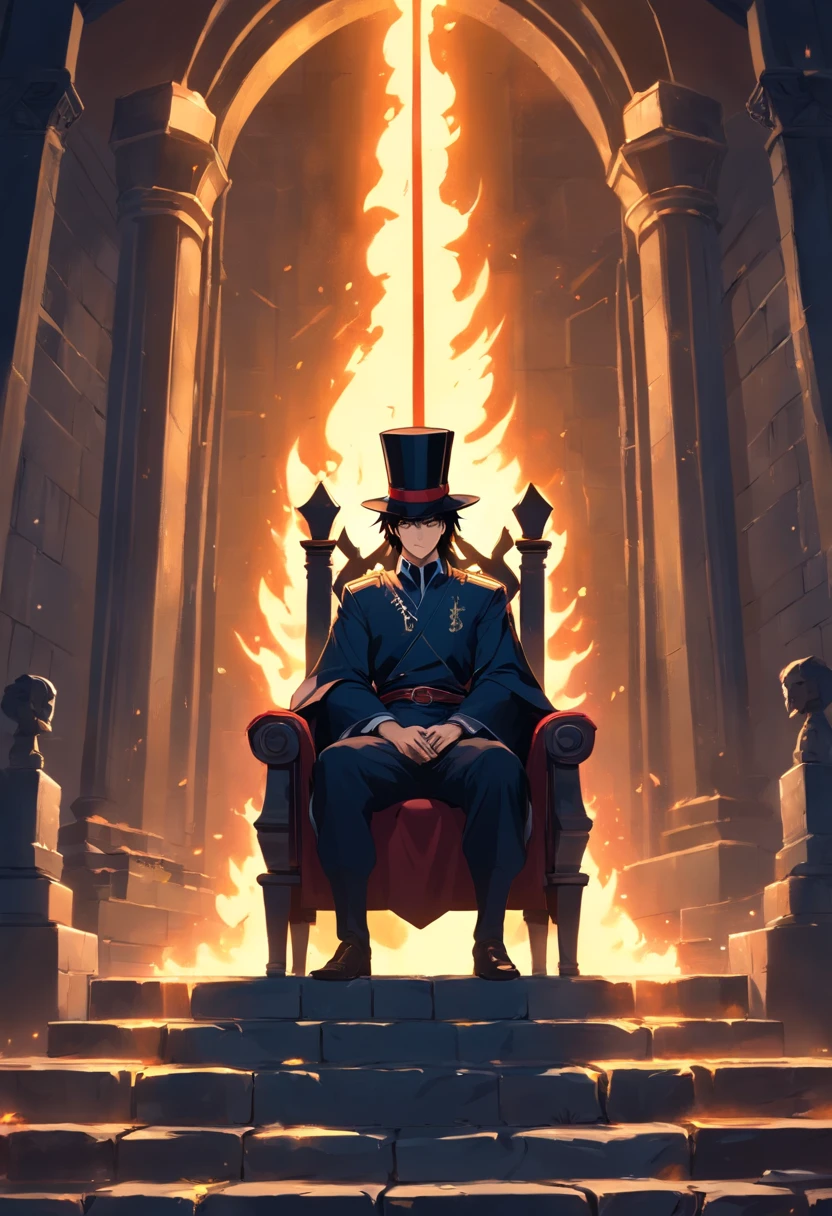 Kindly, Generate an image of an imposing man wearing a black top hat, Sitting authoritatively on a special throne,This throne is located in the center of a dark crossroads. He wears a black cloak,Flow around him, Adding a touch of mystery to his figure. In one of your hands, He holds a sinister-looking trident firmly. The whole scene takes place at night, The cobblestone streets cast deep shadows. Around the throne, 火焰, Crackling and shining;, Cast a sinister glow around you. Get the key, with a cold, Penetrating white, Hover in the background, His glow disturbed the whole scene。. The combination of moonlight and flame creates dramatic contrasts, Revealing the details of the throne, Characters and crossroads appear in a sinister and hypnotic manner, 。.3D,