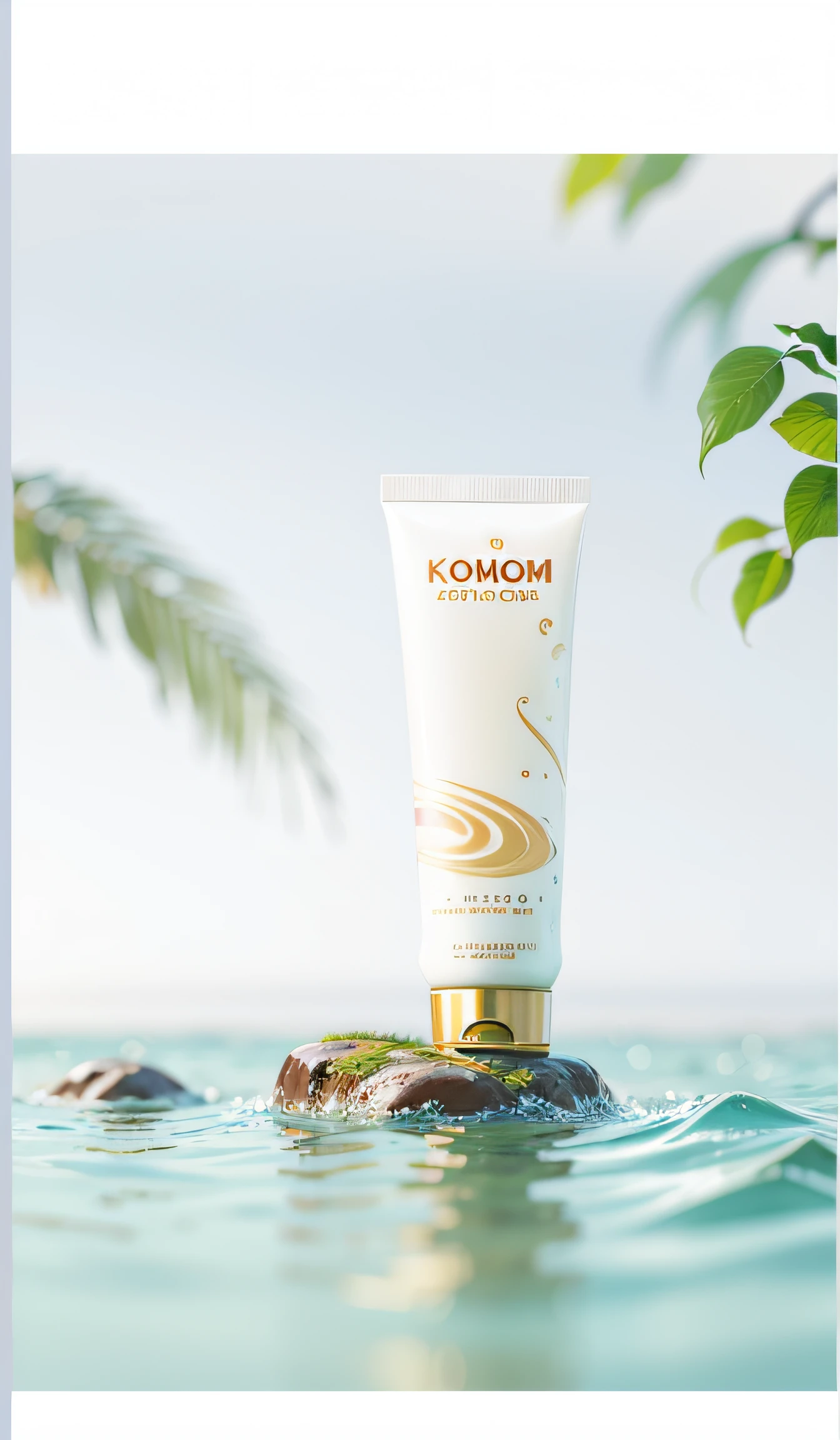 Close-up of a tube of cream sitting on a rock in the water, crisp smooth clean lines, detailled image, close up photograph, Clean face and body skin, Detailed picture, neo, Very detailed background, closeup - view, very sharp details, close - up shot, Close-up shot, Banner, Skincare, komono, [ closeup cleavage ]!!