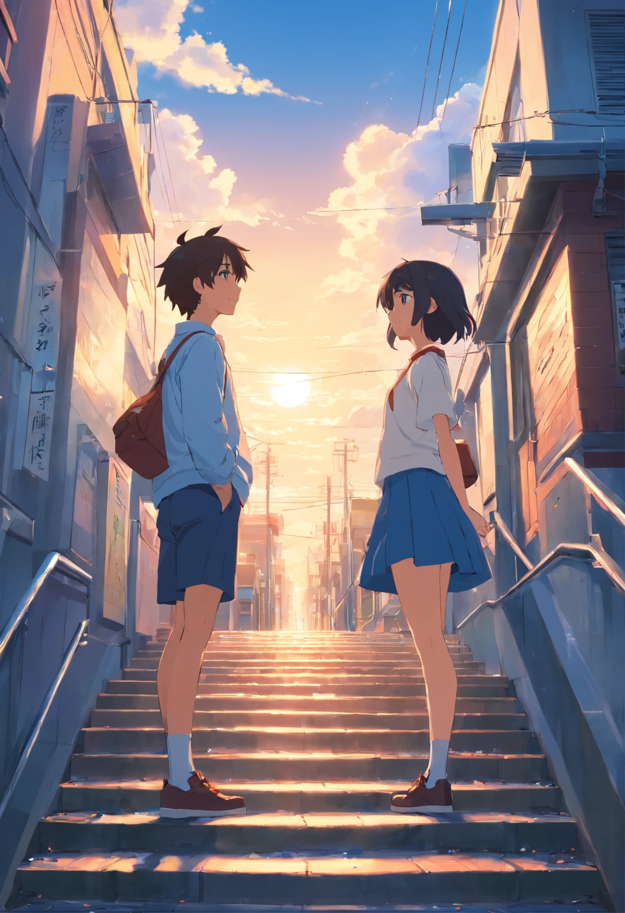 Couples who haven't seen each other in years meet on the street，The style is similar to Makoto Shinkai's《Your name》Memories flood into your head，His face was filled with emotions he hadn't seen in years。。。。。。，Take the letter literally，Exquisite facial features，delicated face，with blue sky and white clouds，meet，Look across the street or stairs