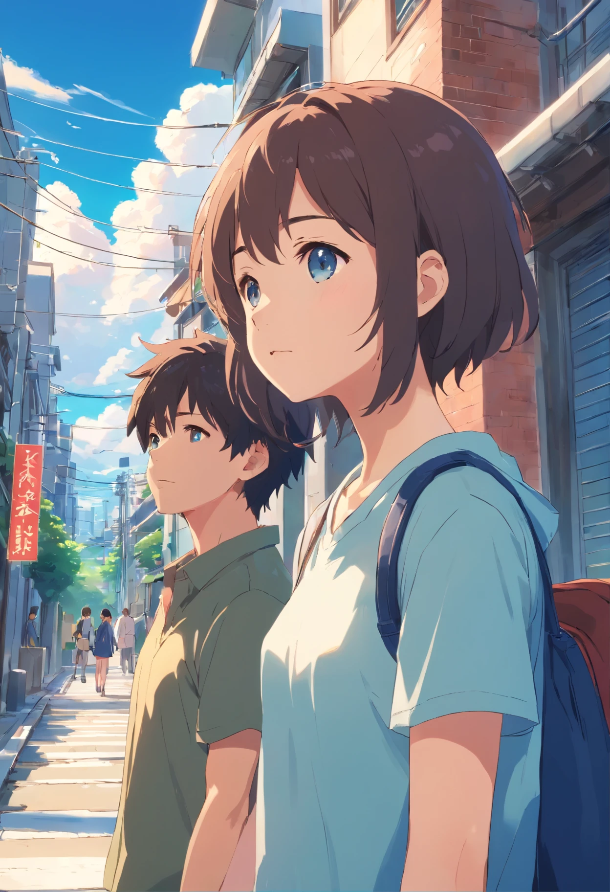Couples who haven't seen each other in years meet on the street,The style is similar to Makoto Shinkai's《Your name》Memories flood into your head,His face was filled with emotions he hadn't seen in years。。。。。。,Take the letter literally,Exquisite facial features,delicated face,with blue sky and white clouds,meet,Look across the street or stairs