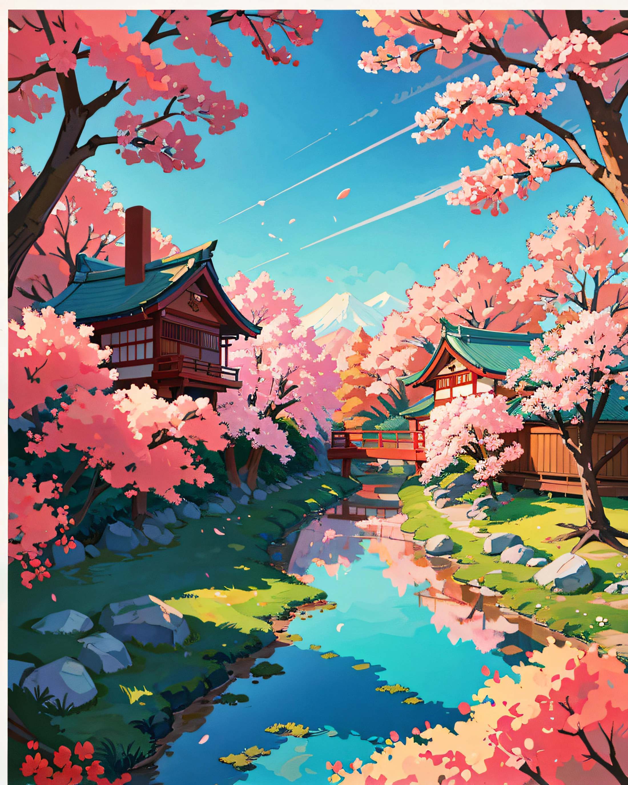 Masterpiece, view from the road, Japanese buildings, with sakura trees, red colors, Japanese vibes, in morning sunshine, profesional art, art concept, landscape, on a quiet morning , (wallpaper unified 8k), best view, HD quality, detailed, perfect view.