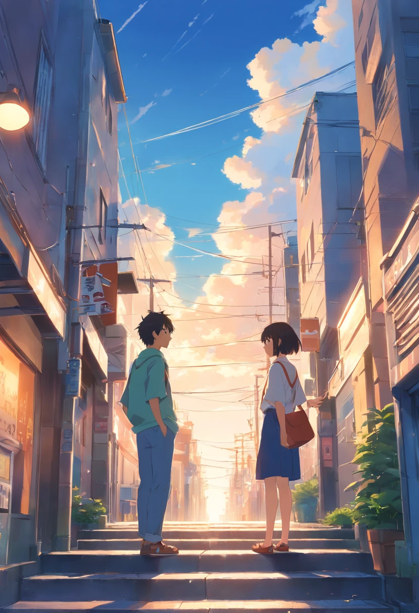 Couples who haven't seen each other in years meet on the street，The style is similar to Makoto Shinkai's《Your name》Memories flood into your head，His face was filled with emotions he hadn't seen in years。。。。。。。，Take the letter literally，Exquisite facial features，delicated face，with blue sky and white clouds，meet，Look across the street or up the stairs