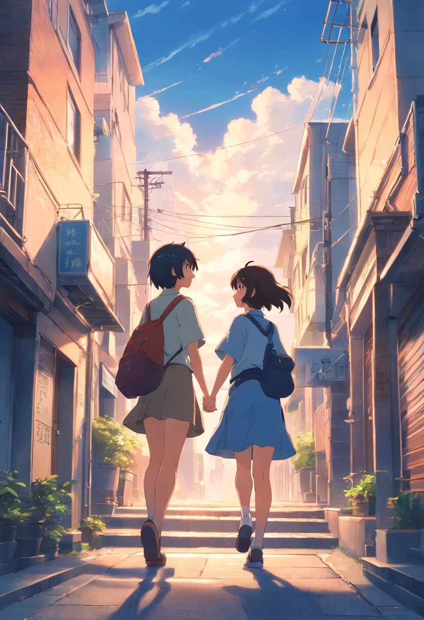 Couples who haven't seen each other in years meet on the street,The style is similar to Makoto Shinkai's《Your name》Memories flood into your head,His face was filled with emotions he hadn't seen in years。。。。。。。,Take the letter literally,Exquisite facial features,delicated face,with blue sky and white clouds,meet,Look across the street or up the stairs